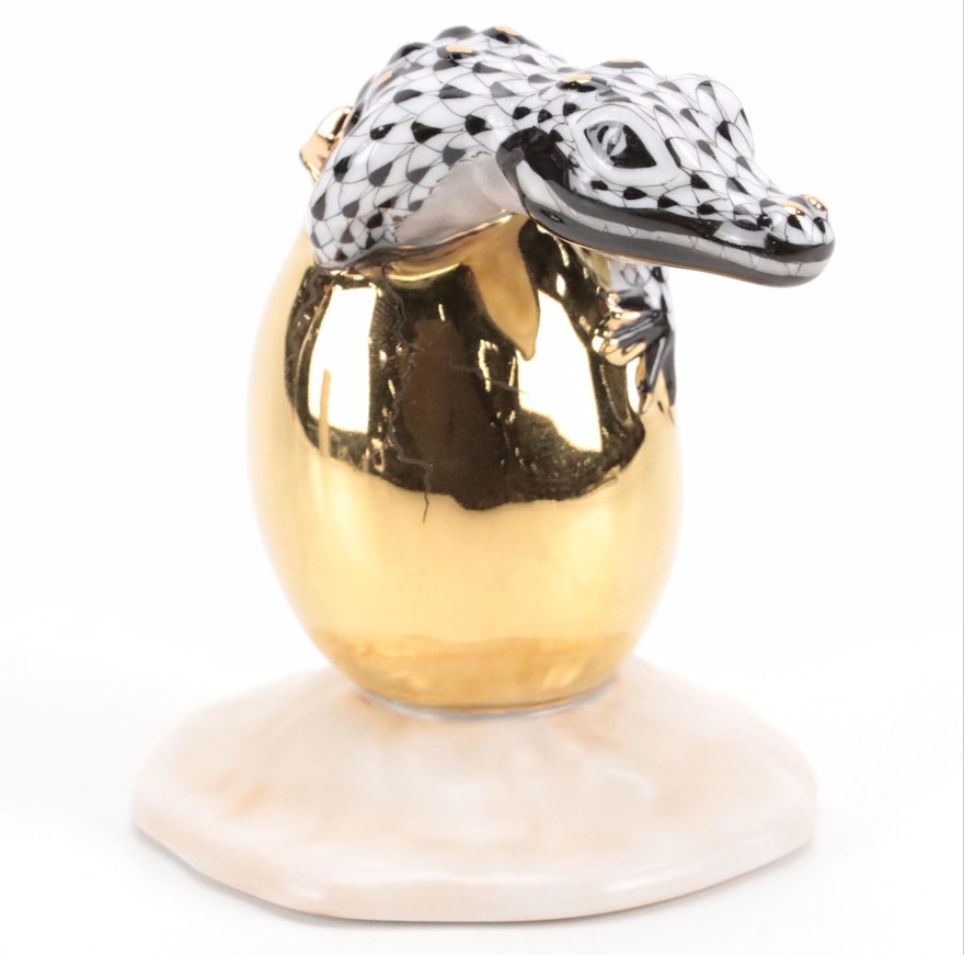 Herend Black Fishnet with Gold "Hatching Crocodile Baby" Porcelain Figurine