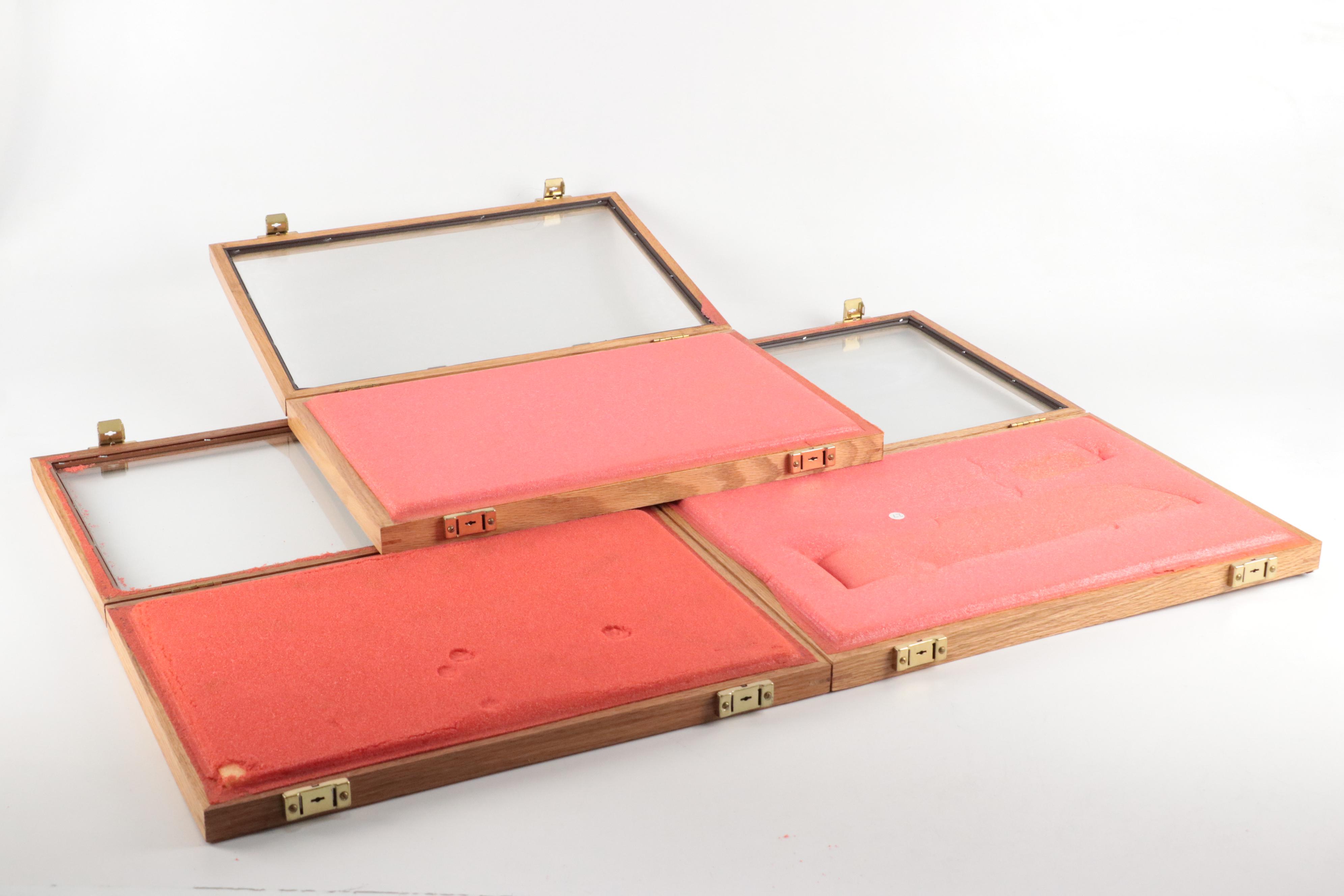Oak Frame Glazed Tabletop Display Cases with Red Foam Backing, Set of Three