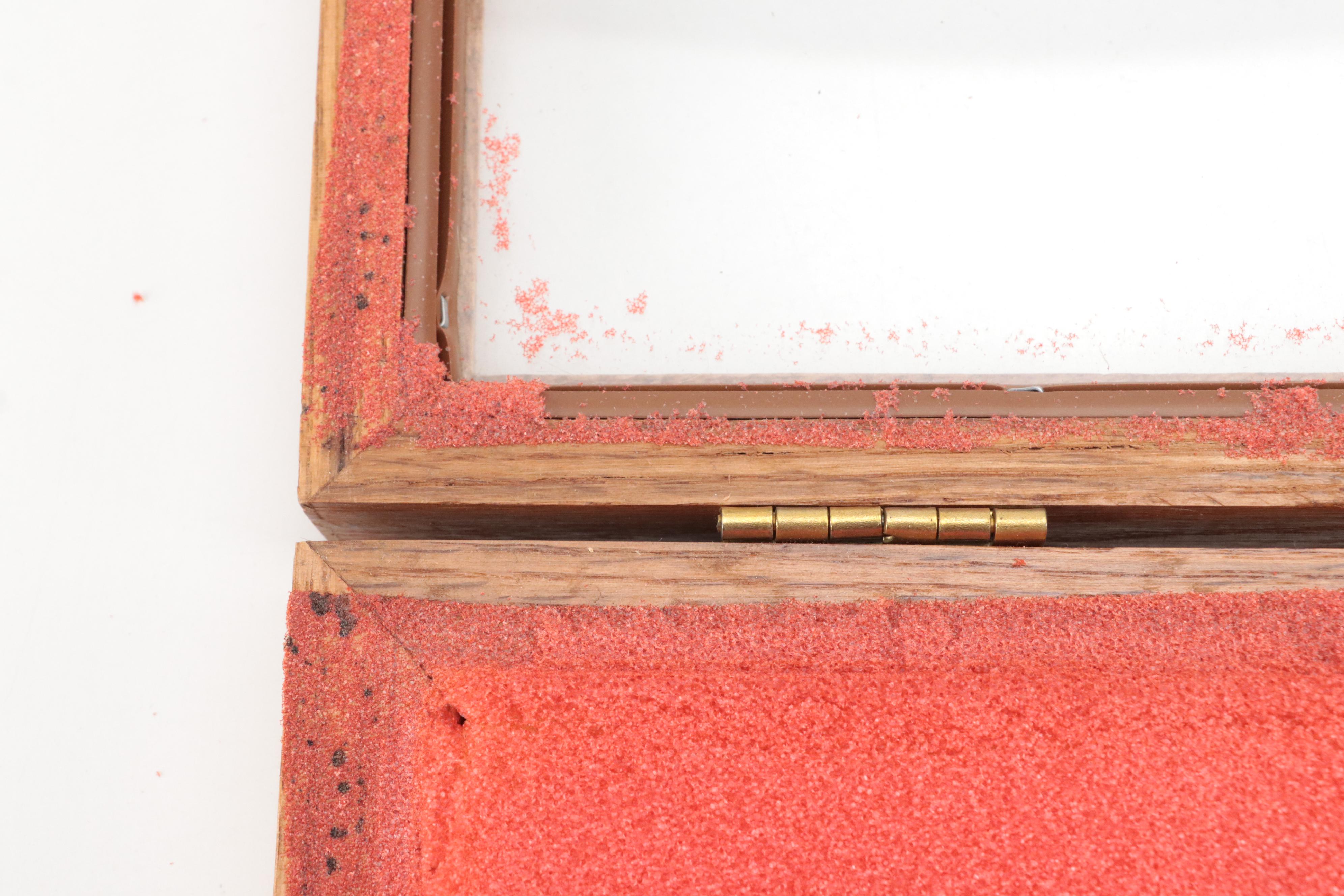 Oak Frame Glazed Tabletop Display Cases with Red Foam Backing, Set of Three