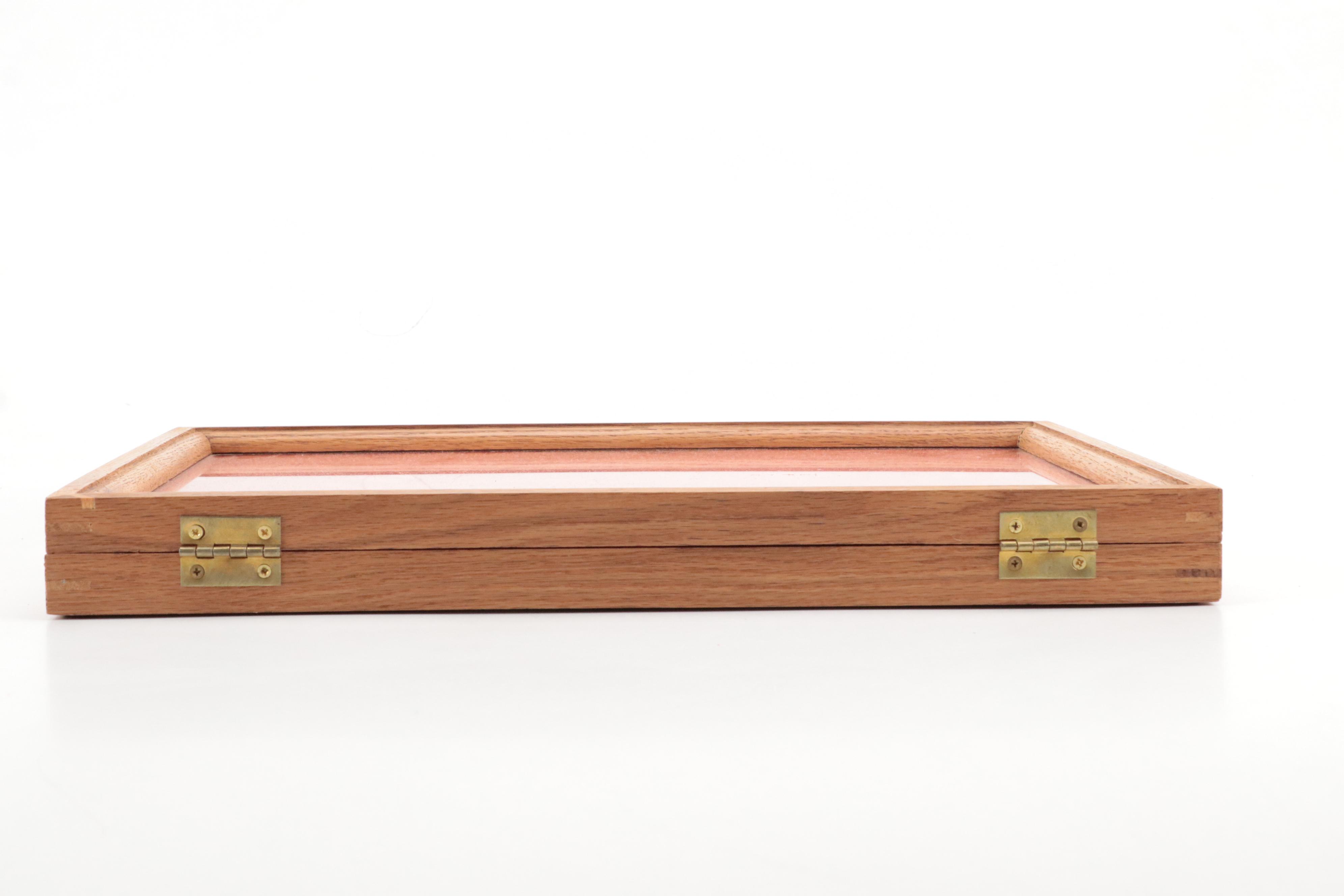 Oak Frame Glazed Tabletop Display Cases with Red Foam Backing, Set of Three