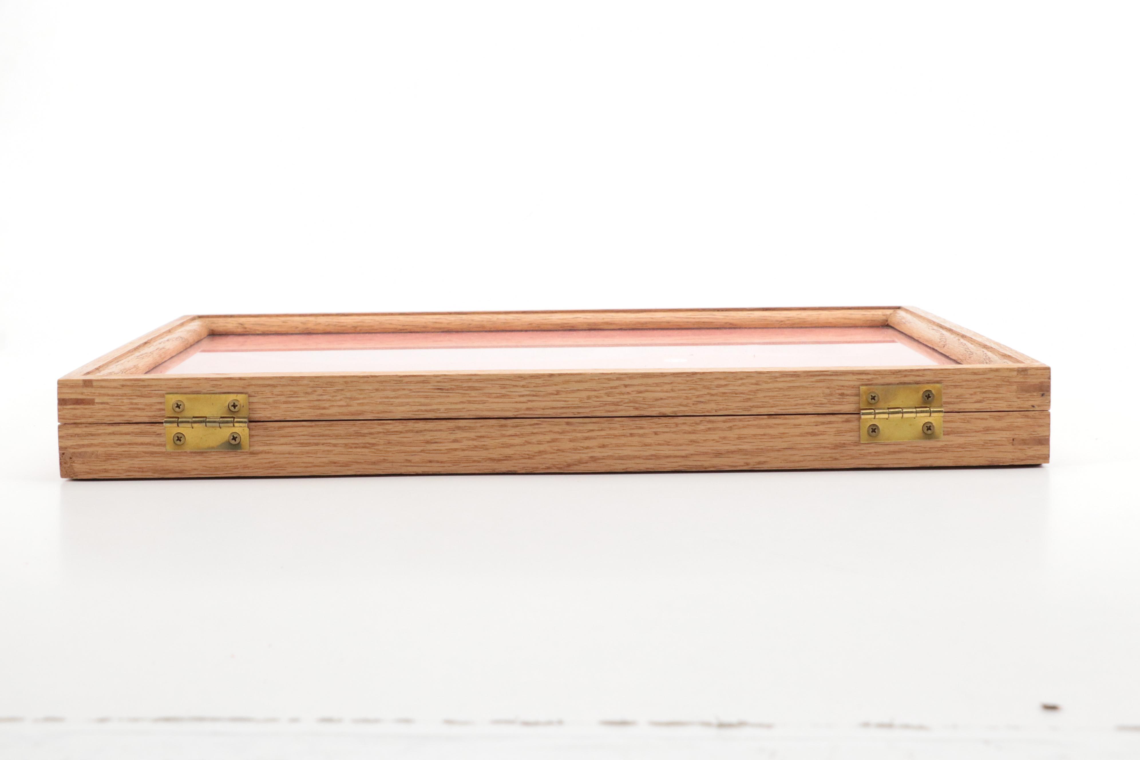 Oak Frame Glazed Tabletop Display Cases with Red Foam Backing, Set of Three