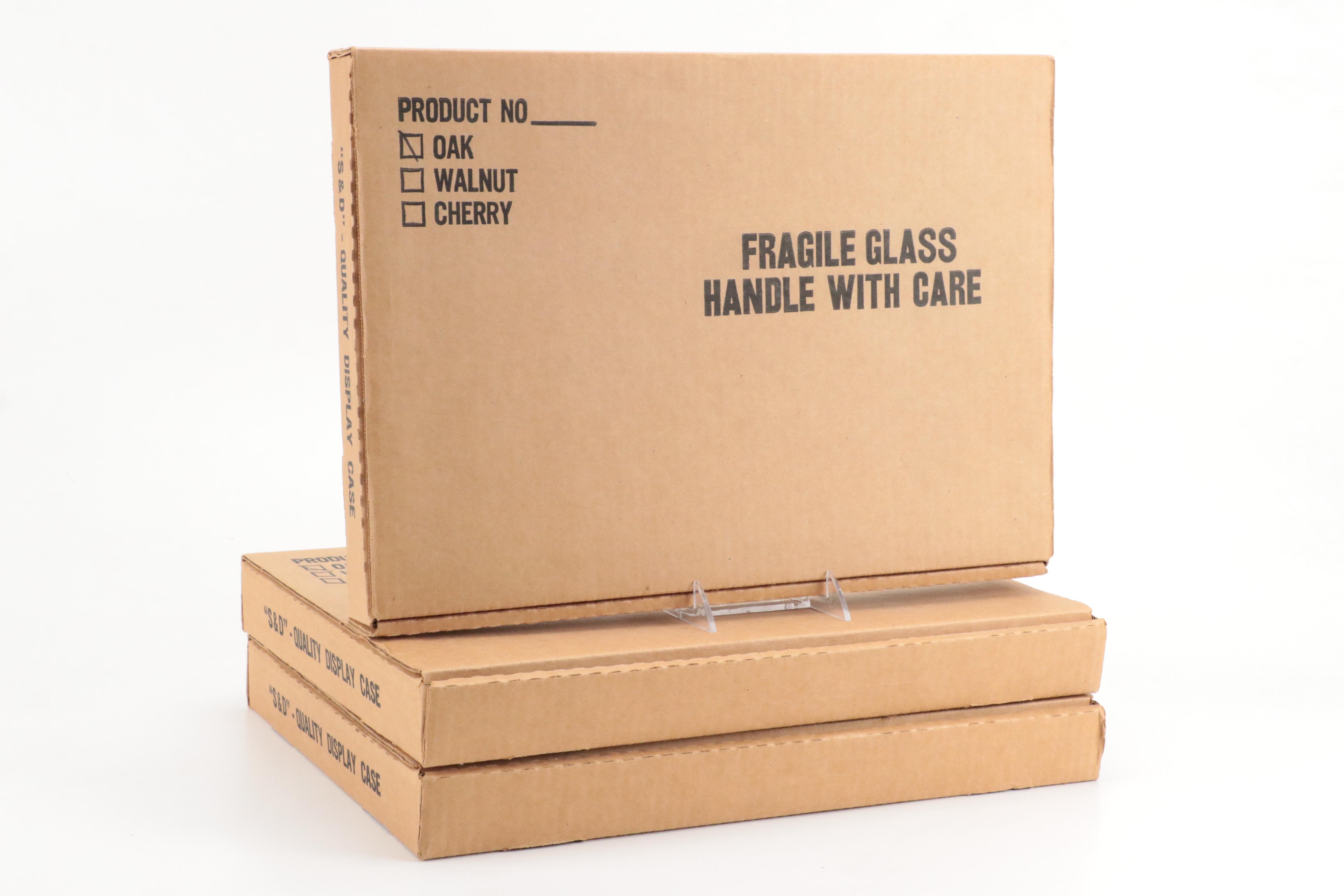 Oak Frame Glazed Tabletop Display Cases with Red Foam Backing, Set of Three