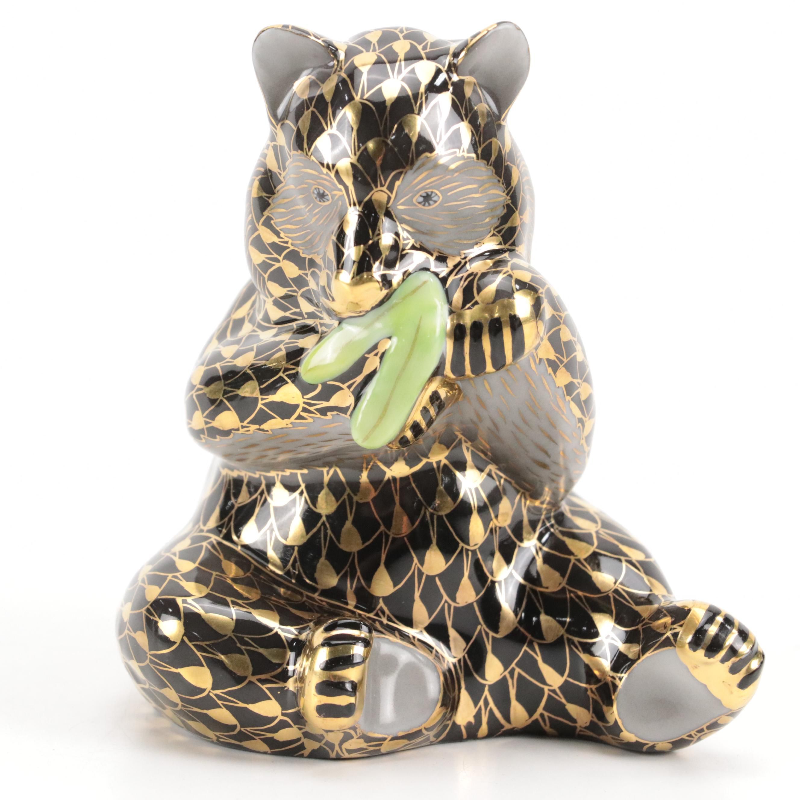 Herend Black Fishnet with Gold "Panda" Porcelain Figurine