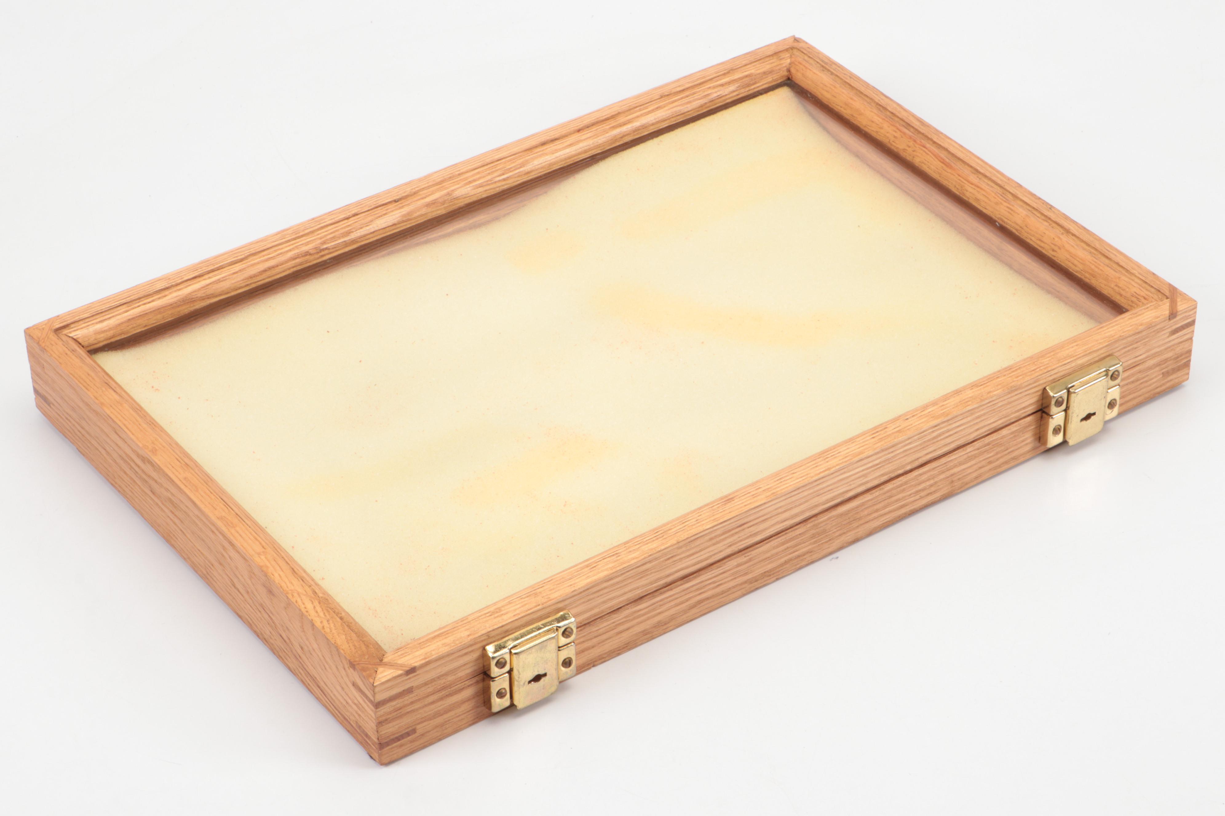 Pair of Oak Frame Glazed Tabletop Display Cases with Yellow Foam Backing