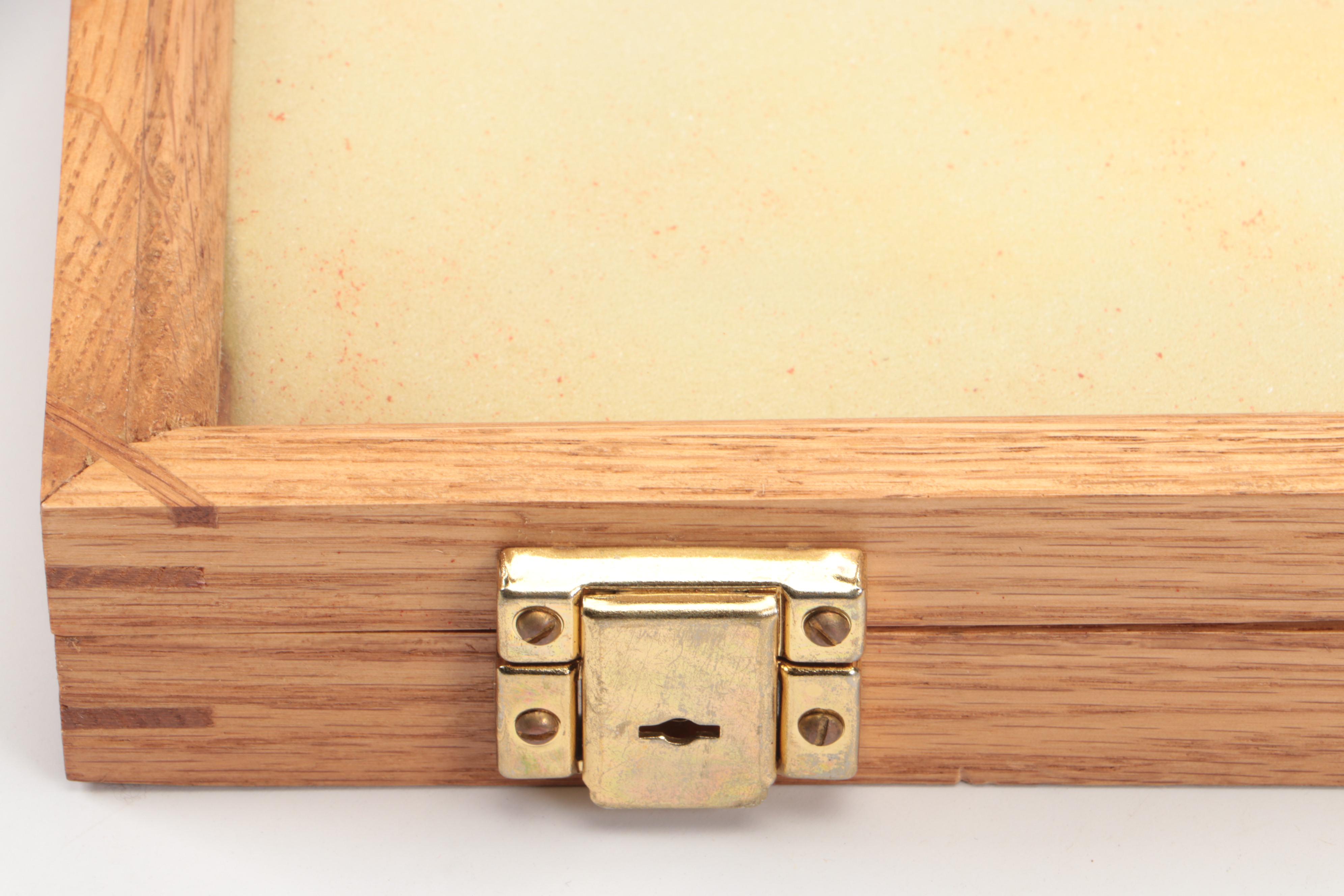 Pair of Oak Frame Glazed Tabletop Display Cases with Yellow Foam Backing