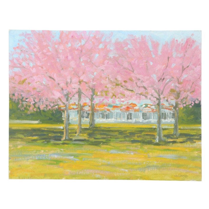 Bob Ragland Spring Park Scene Oil Painting With Blooming Trees, 1988