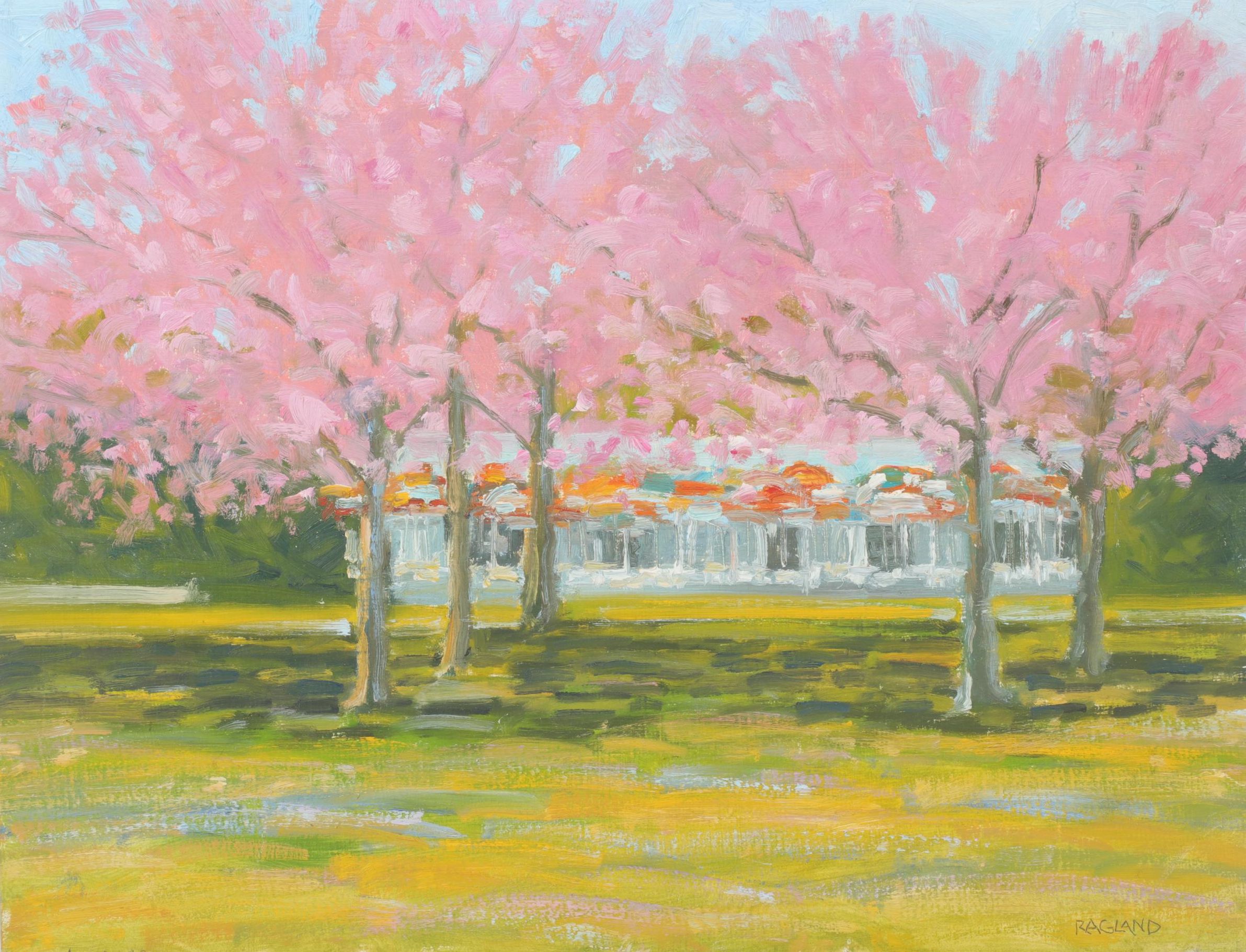 Bob Ragland Spring Park Scene Oil Painting With Blooming Trees, 1988