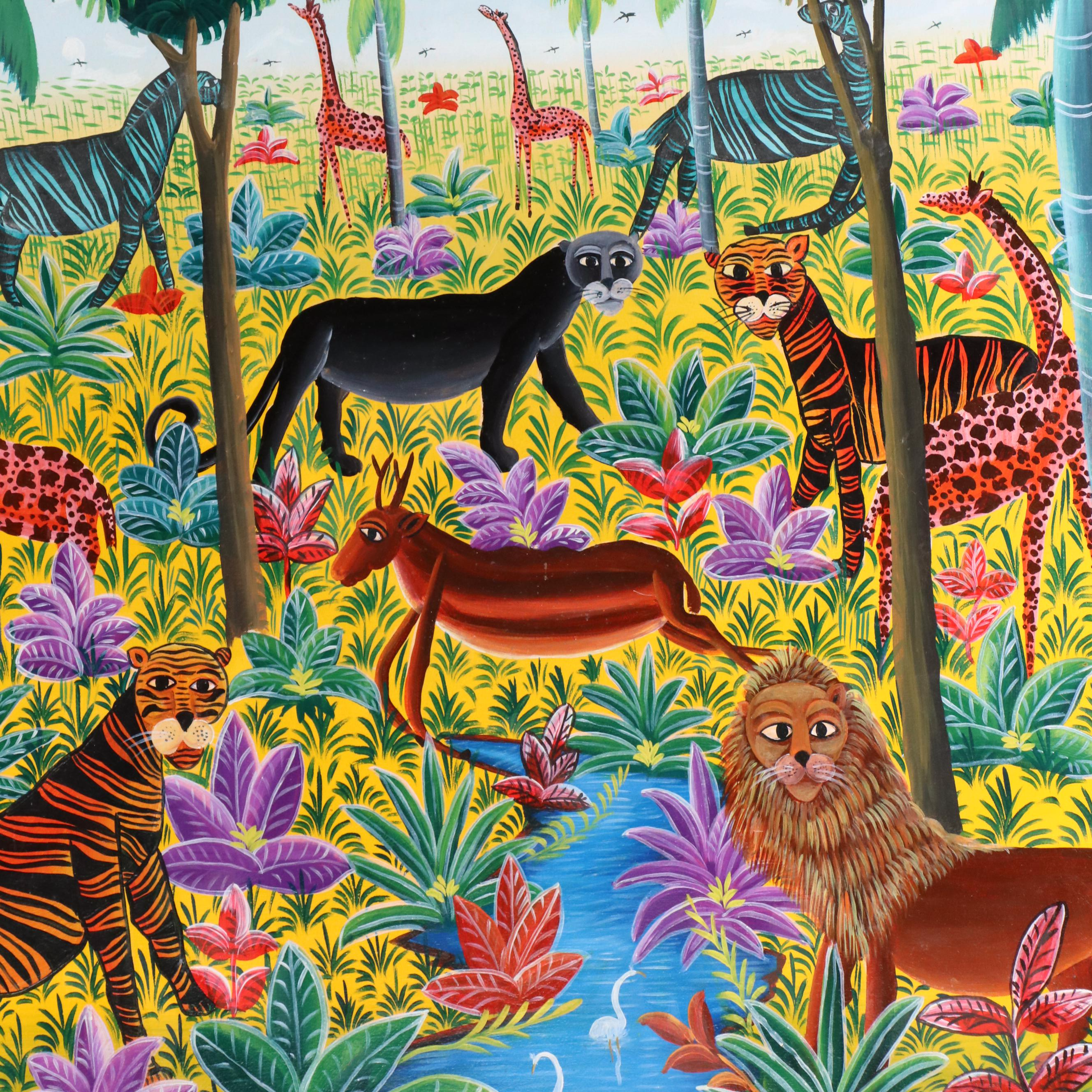 Eddy Jean Baptiste Oil Painting of Jungle Landscape with Animals