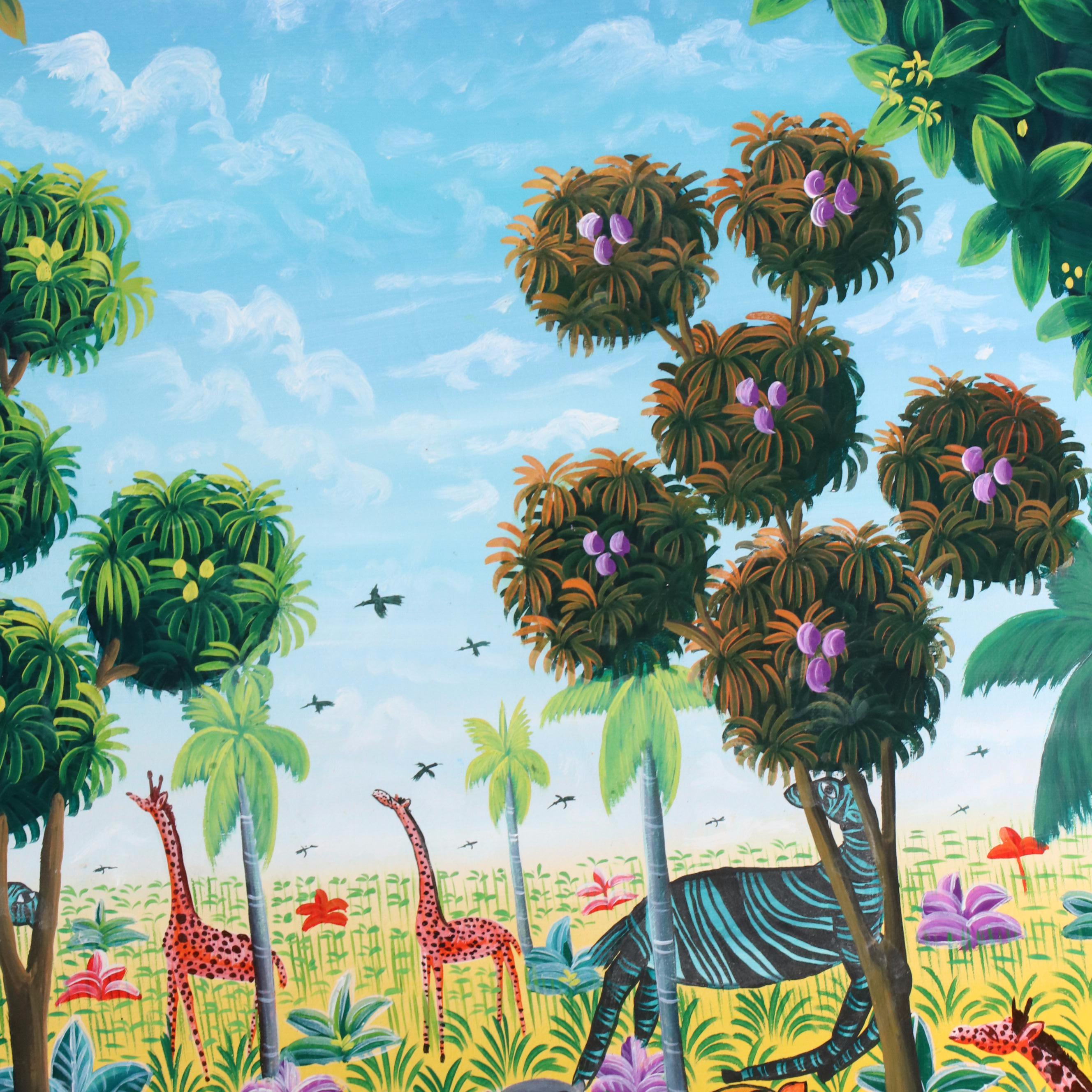 Eddy Jean Baptiste Oil Painting of Jungle Landscape with Animals