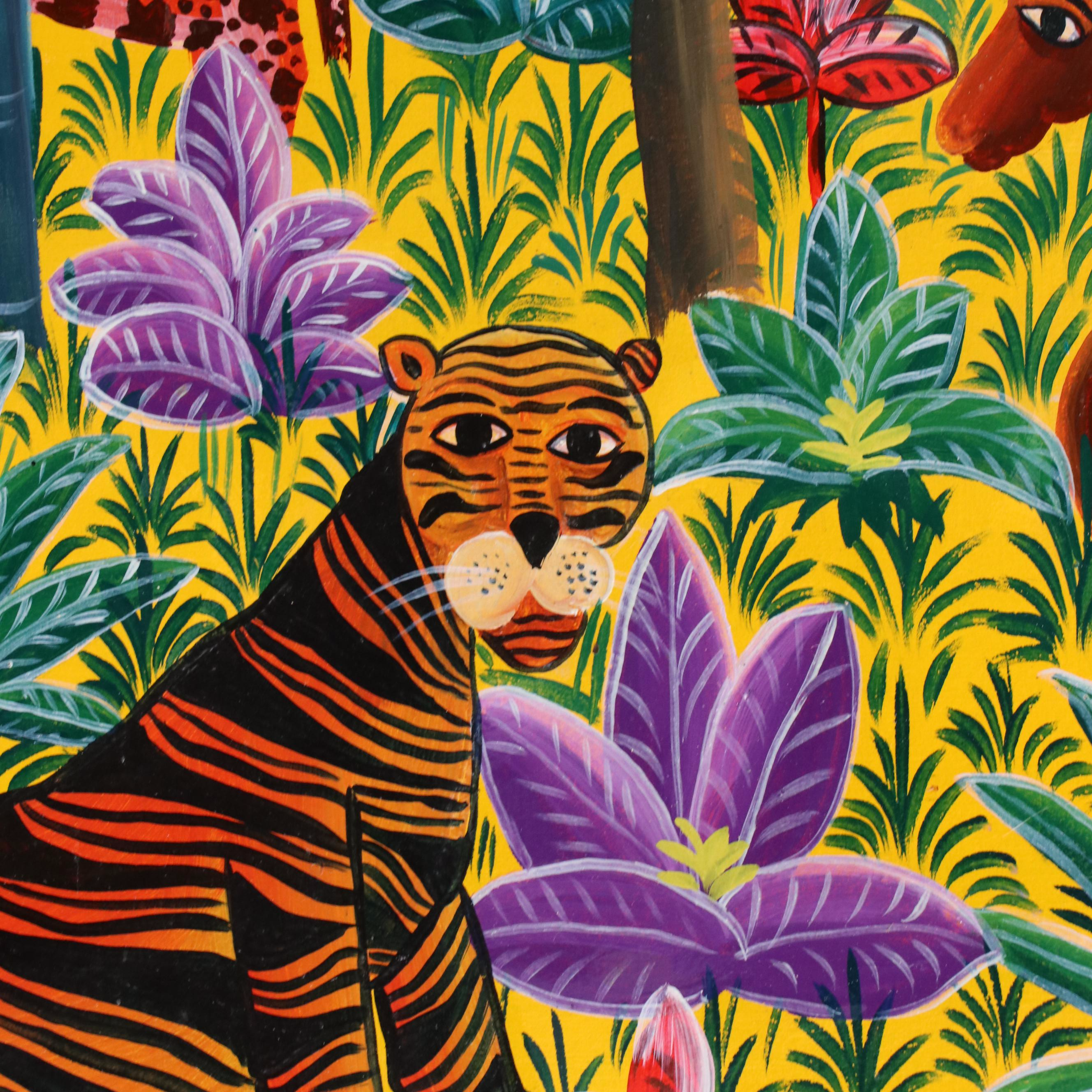 Eddy Jean Baptiste Oil Painting of Jungle Landscape with Animals