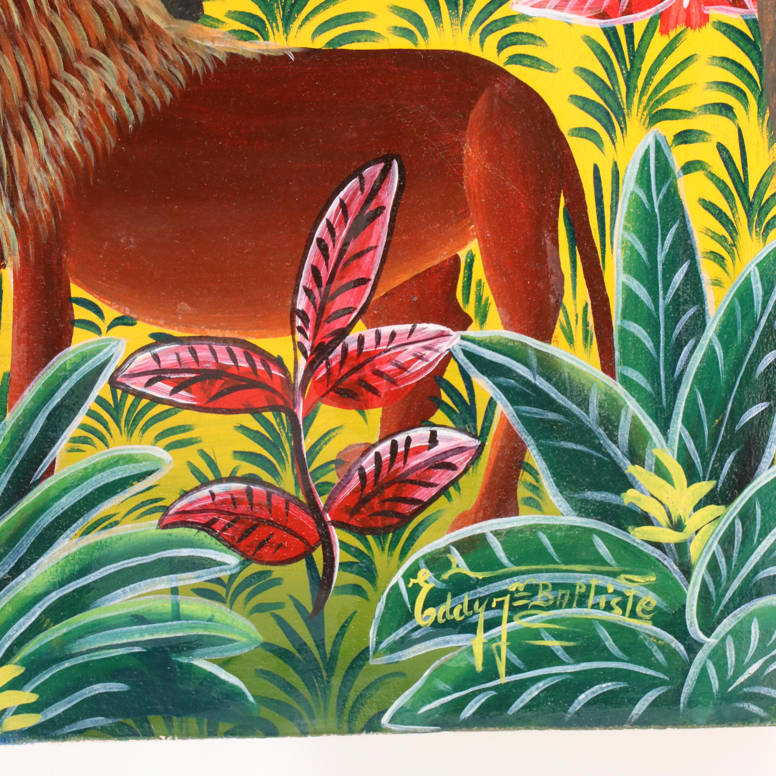 Eddy Jean Baptiste Oil Painting of Jungle Landscape with Animals