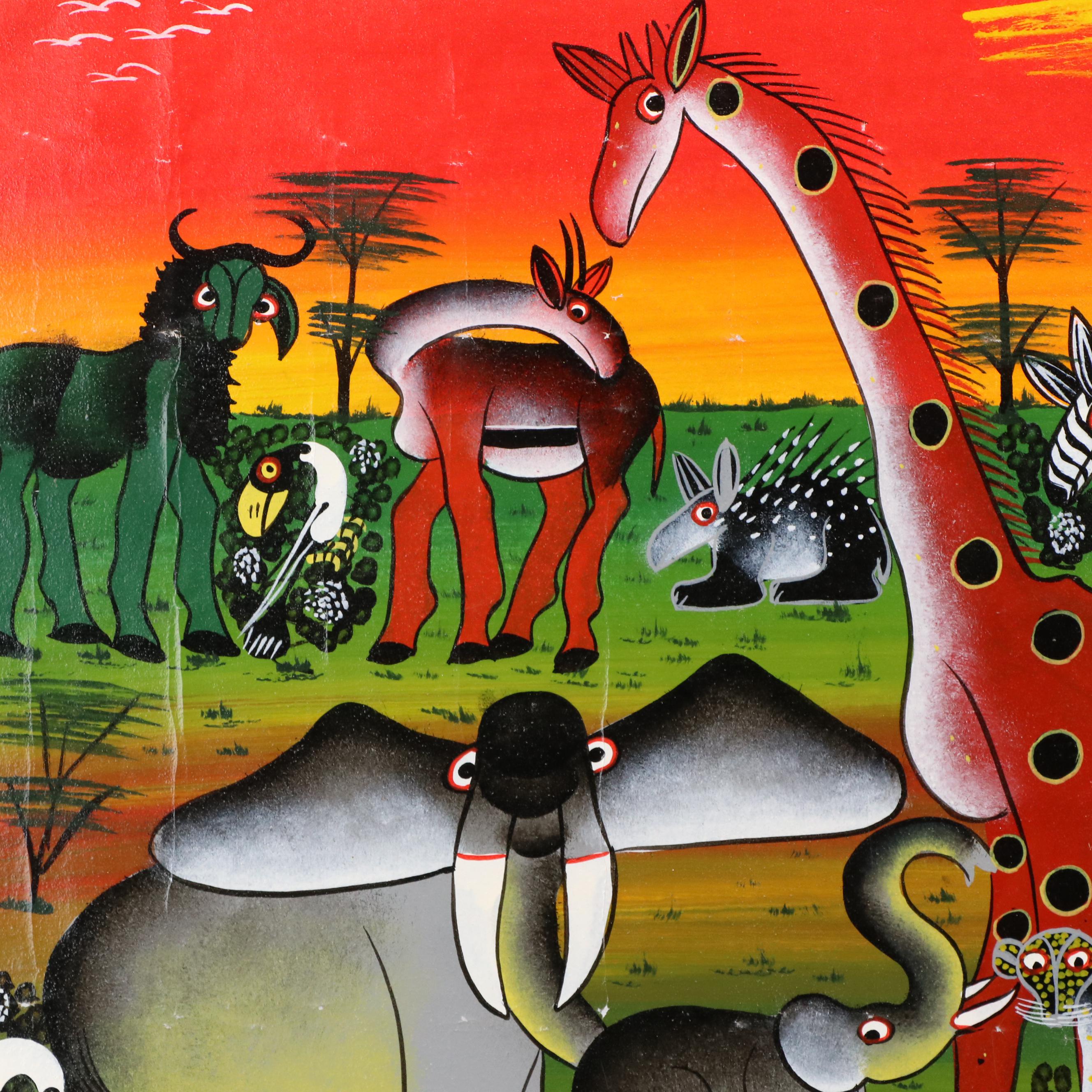 Marangi of Zanzibar Signed Tinga Tinga Oil Painting of African Wildlife, Vintage