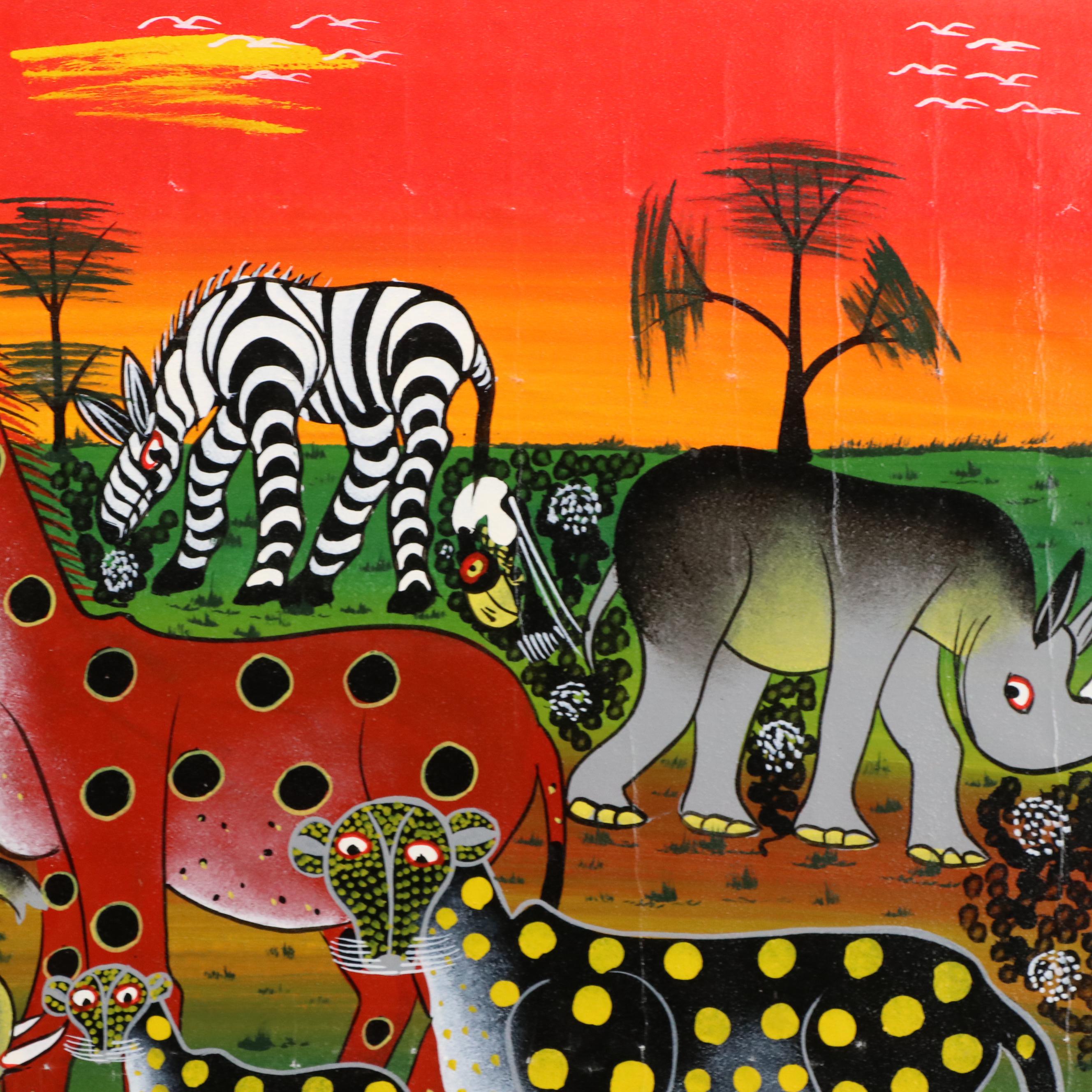 Marangi of Zanzibar Signed Tinga Tinga Oil Painting of African Wildlife, Vintage