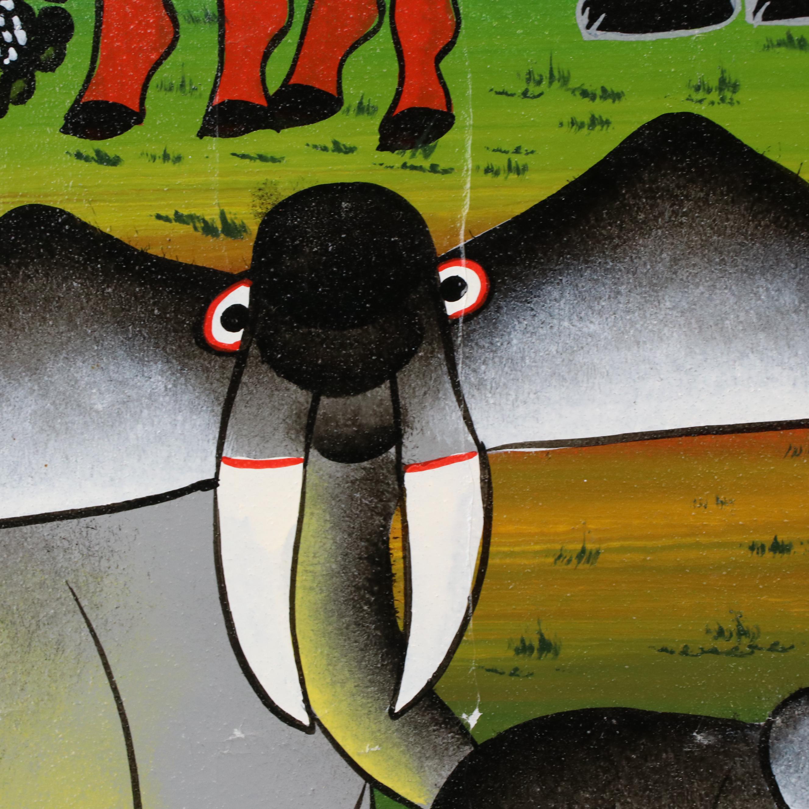 Marangi of Zanzibar Signed Tinga Tinga Oil Painting of African Wildlife, Vintage