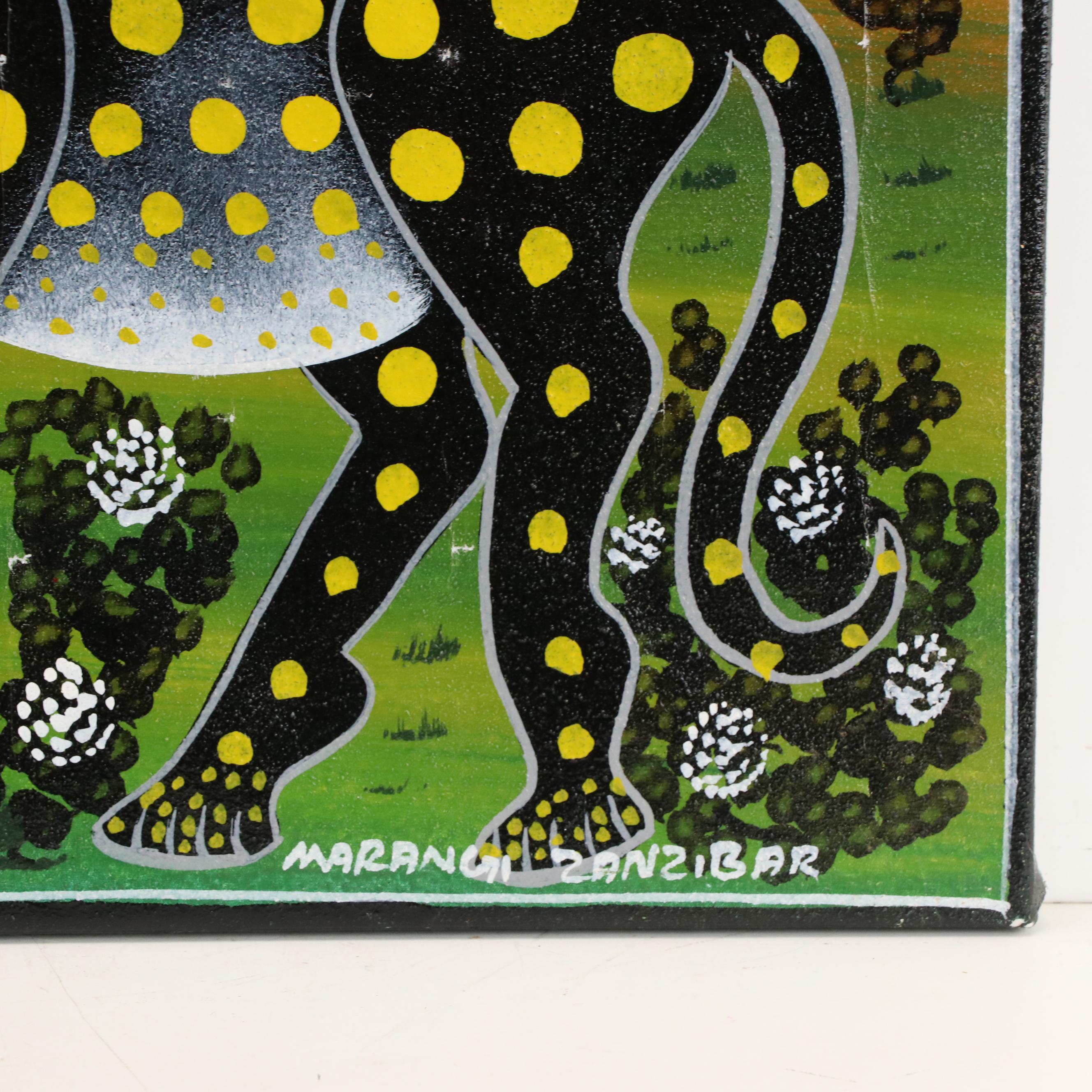 Marangi of Zanzibar Signed Tinga Tinga Oil Painting of African Wildlife, Vintage