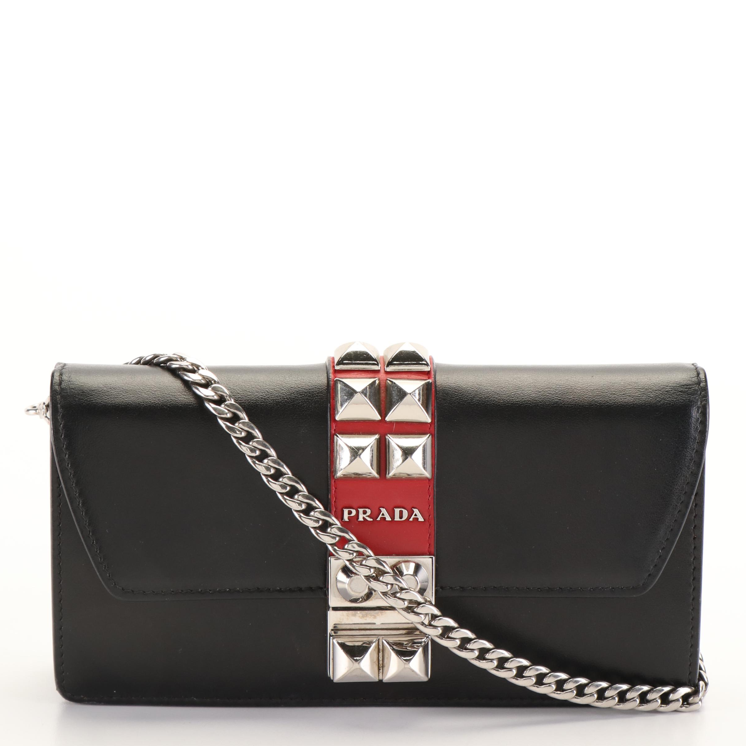 Prada City Elektra Studded Calf Leather Chain Wallet