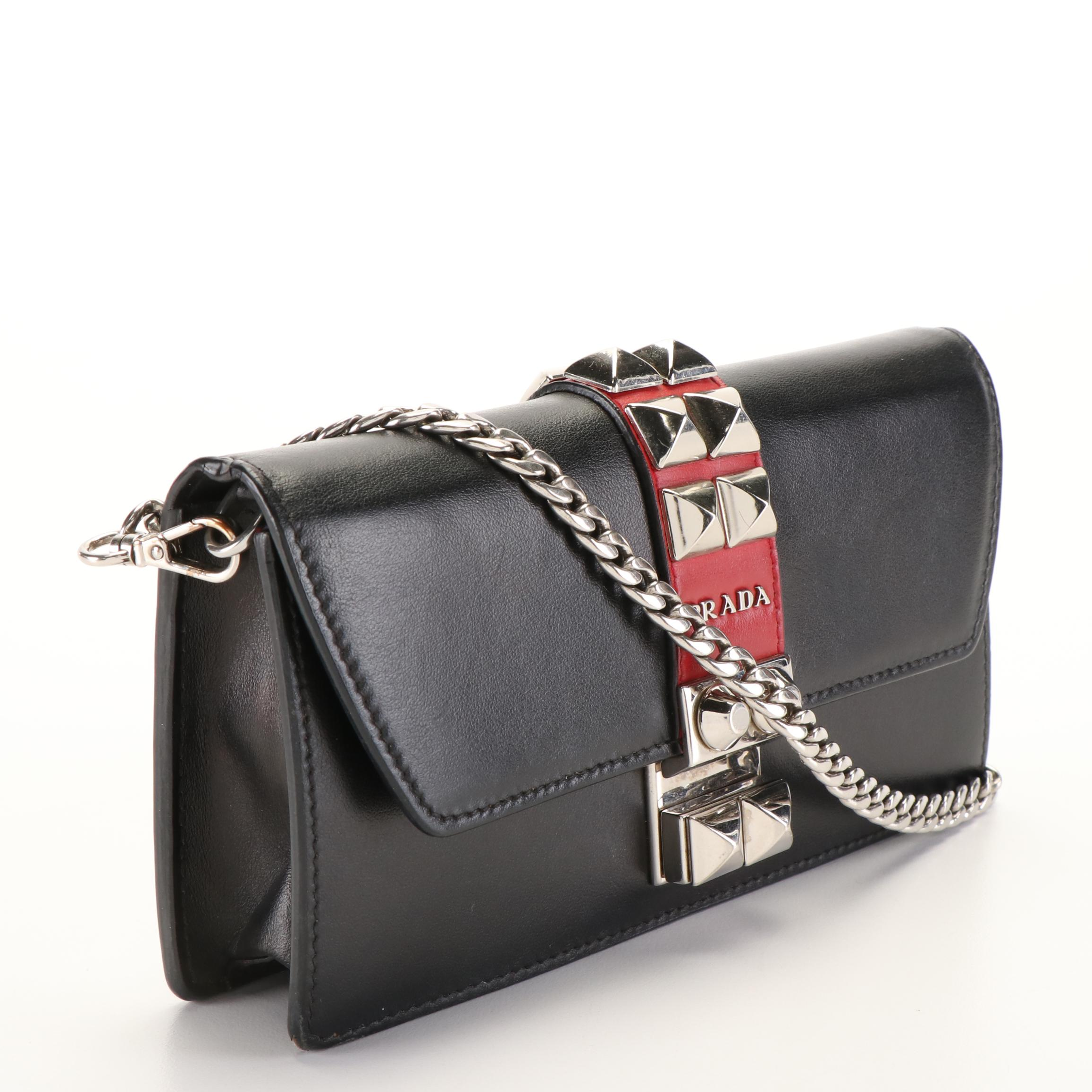 Prada City Elektra Studded Calf Leather Chain Wallet