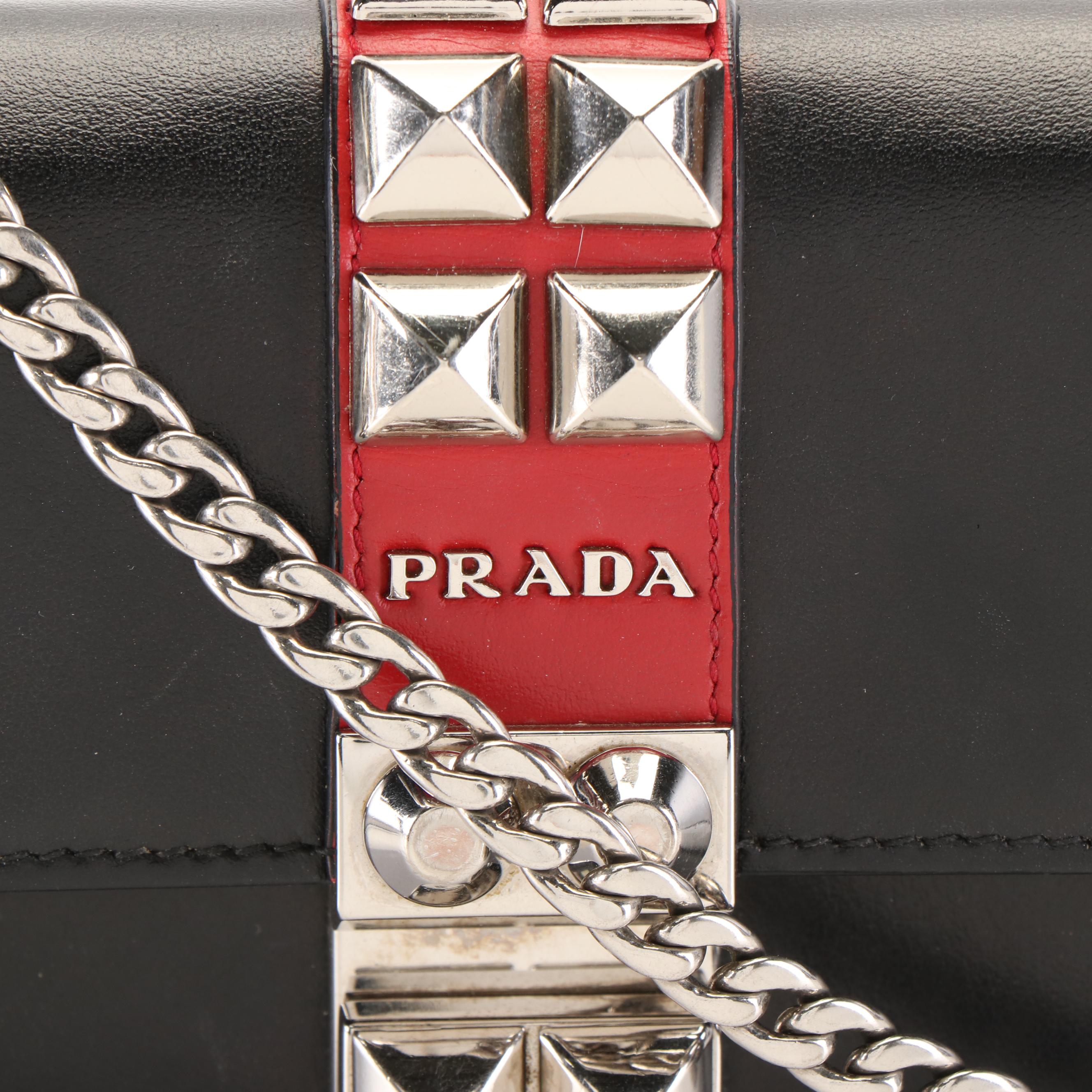 Prada City Elektra Studded Calf Leather Chain Wallet