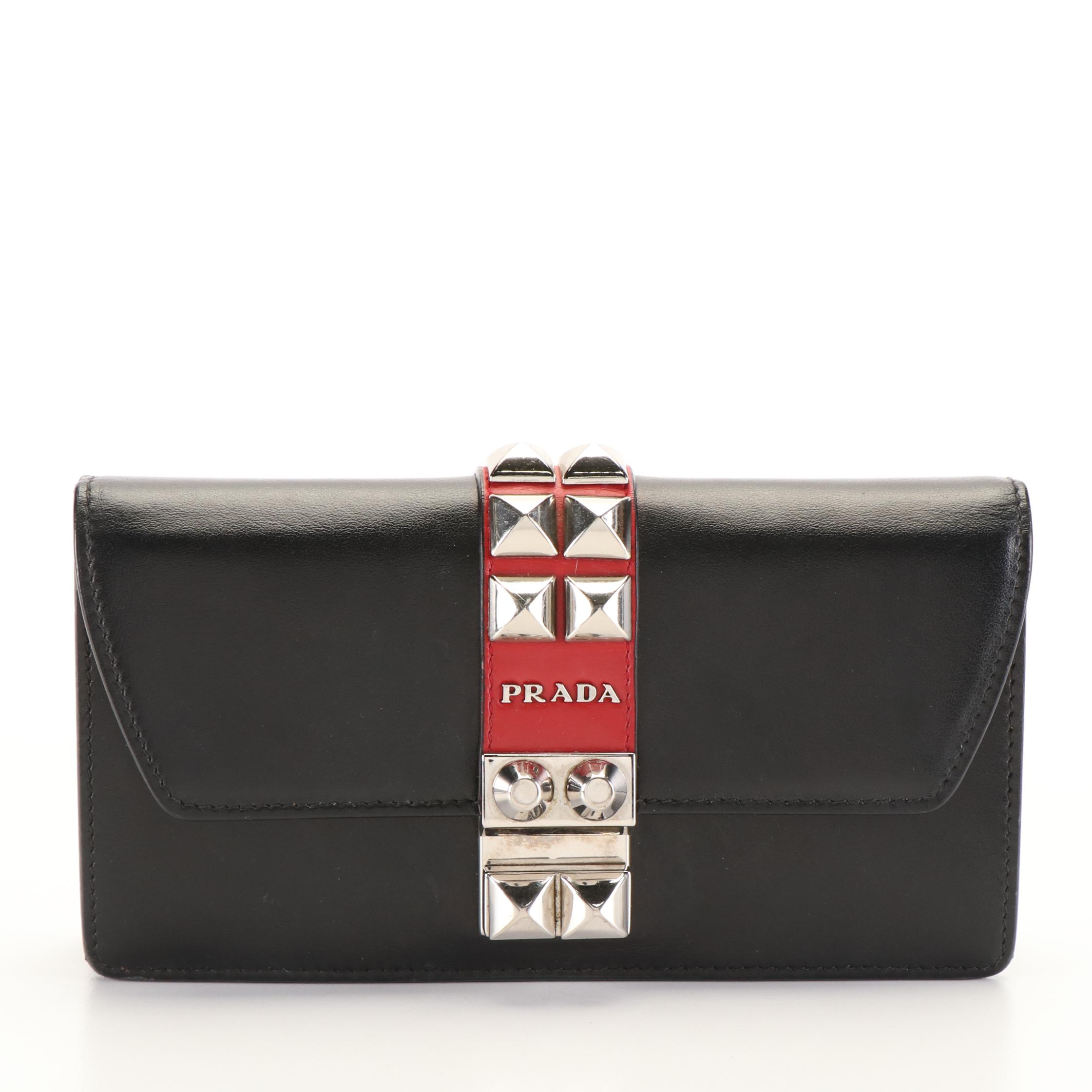 Prada City Elektra Studded Calf Leather Chain Wallet