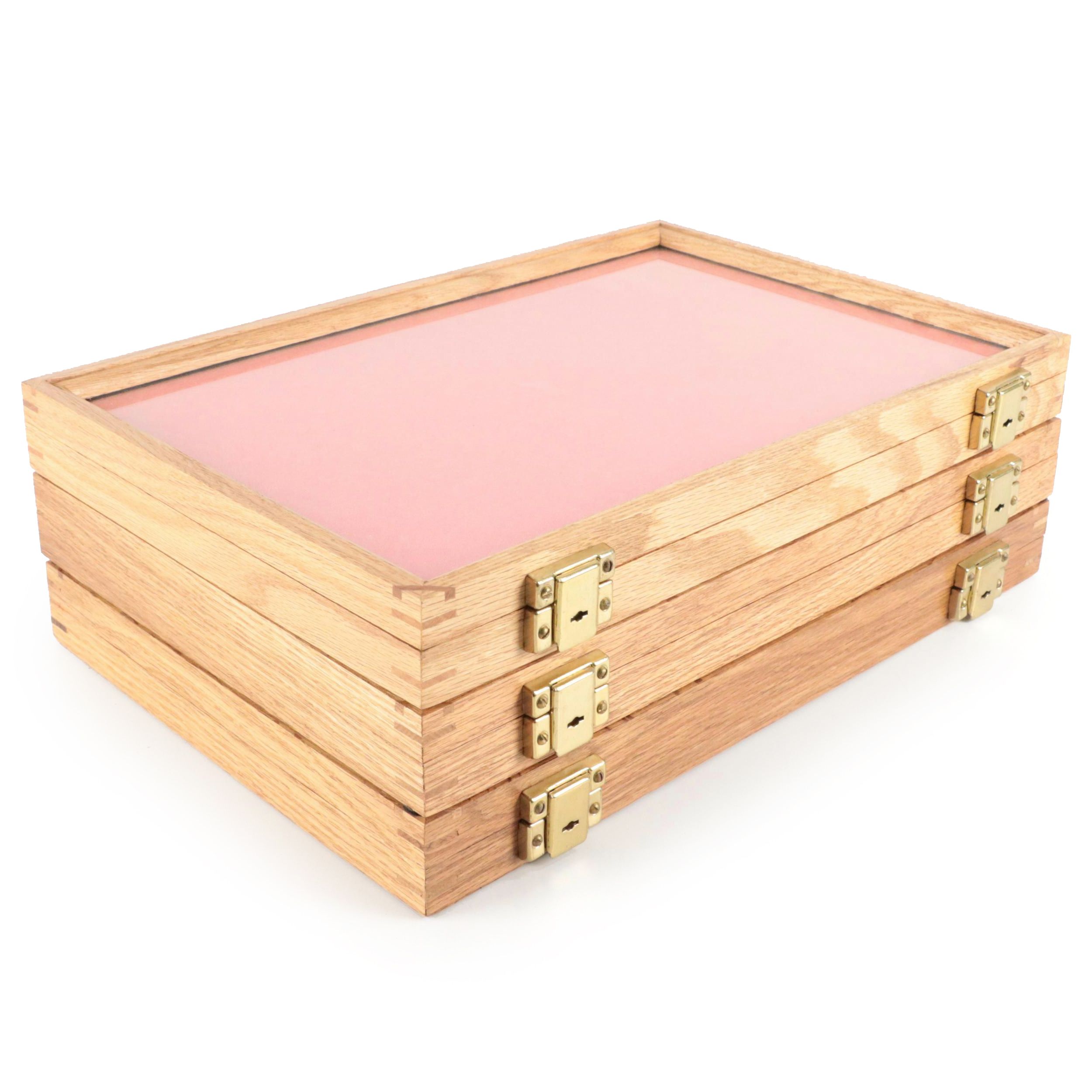 Oak Frame Glazed Tabletop Display Cases with Red Foam Backing, Set of Three