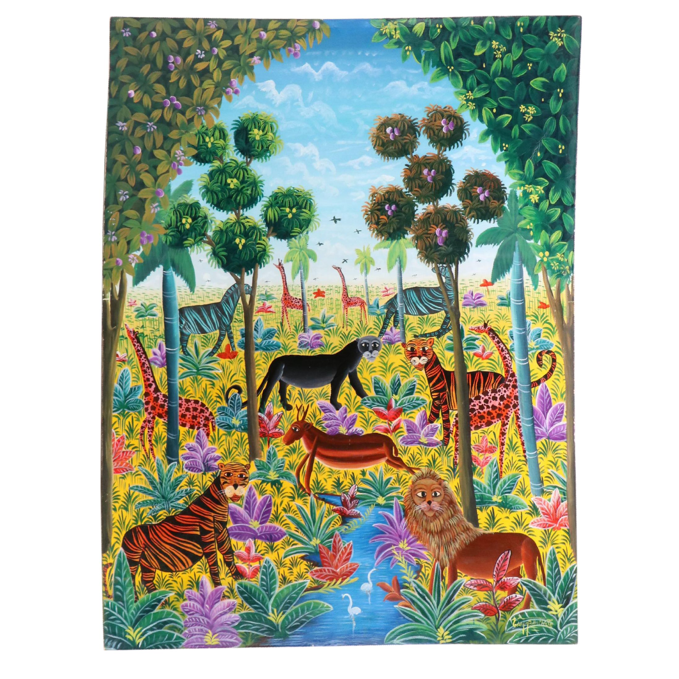 Eddy Jean Baptiste Oil Painting of Jungle Landscape with Animals