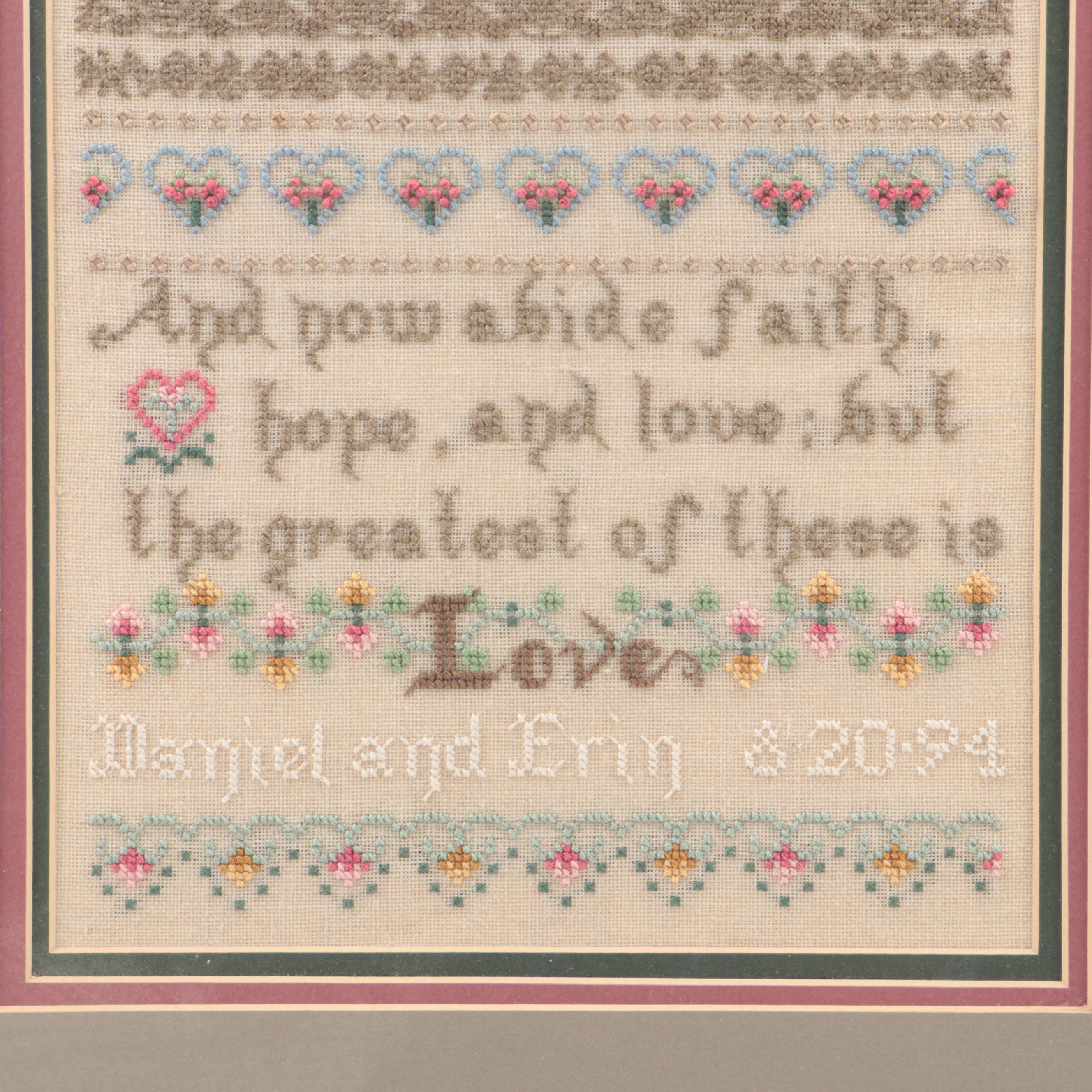 Handmade Cross-Stitch Sampler with Wall Clock