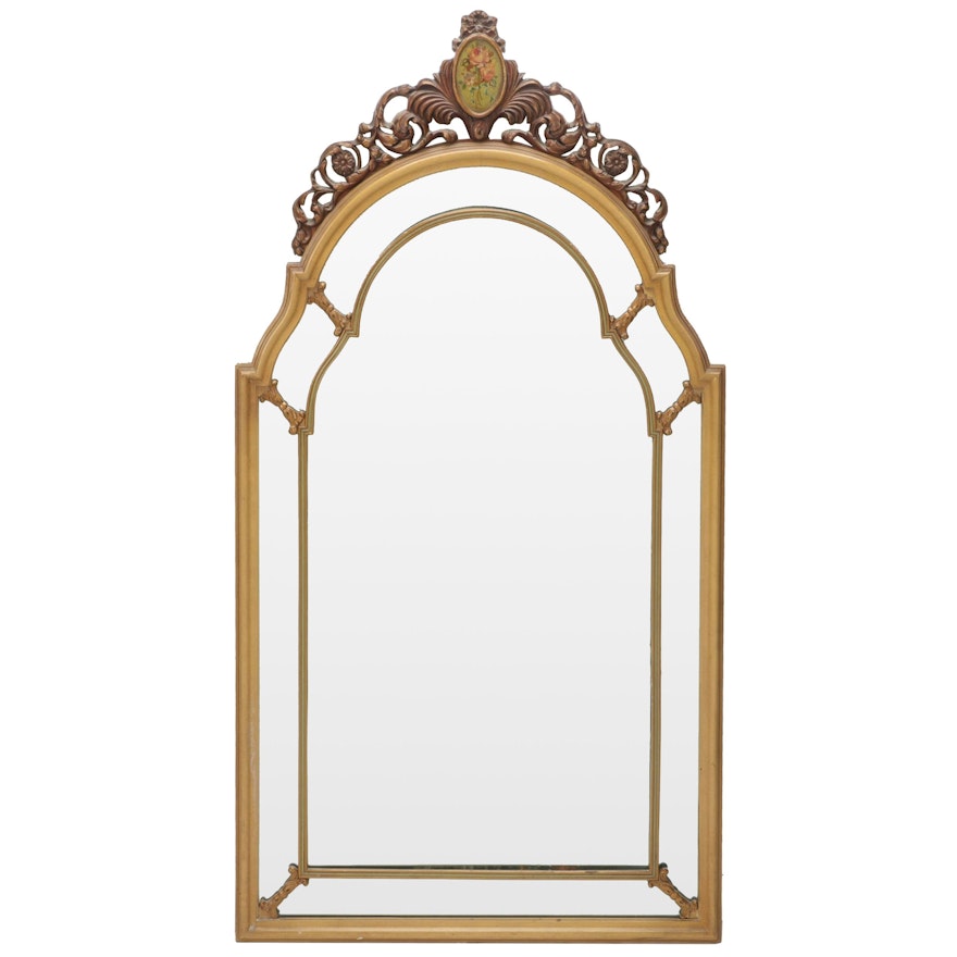 Hollywood Regency Hand-Carved Parcel Gilt and Hand-Enameled Wall Mirror