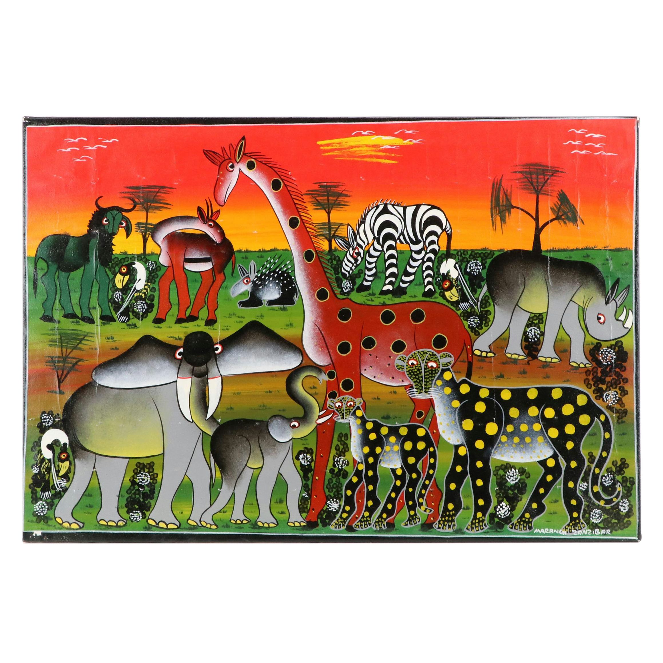 Marangi of Zanzibar Signed Tinga Tinga Oil Painting of African Wildlife, Vintage