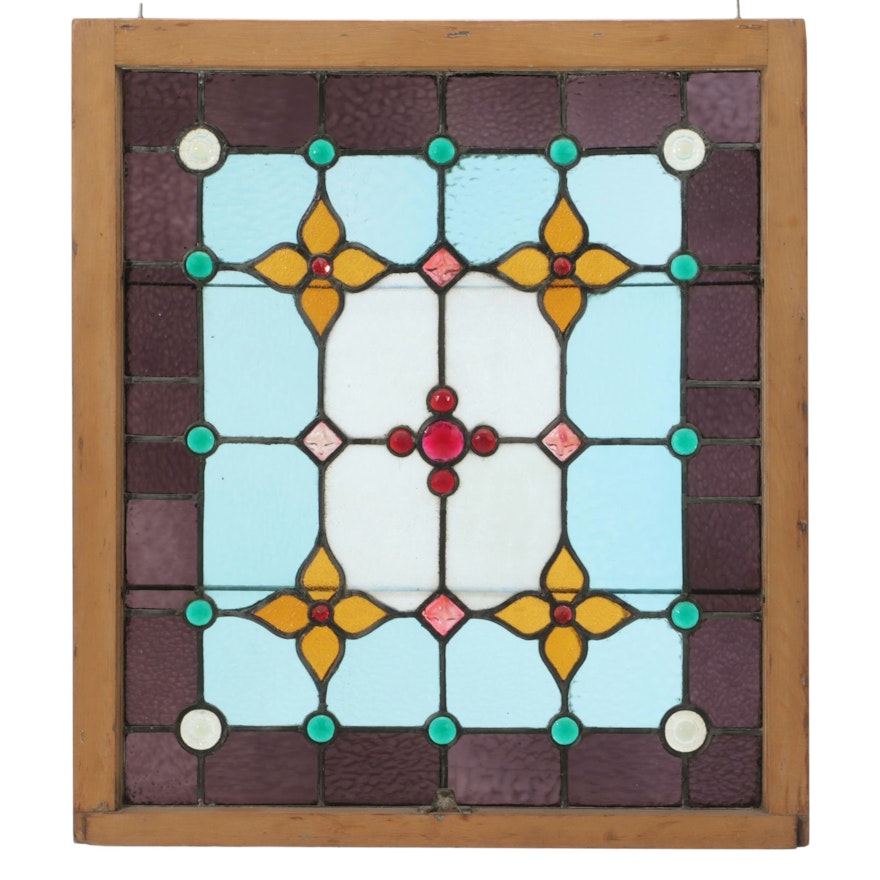 Hanging Stained Glass Window Panel with Floral Sky Motif, 20th Century