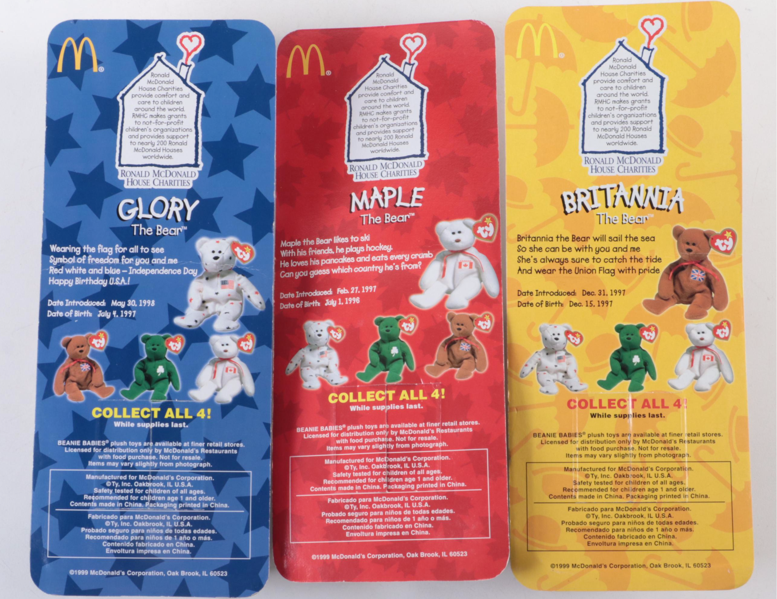 Ty Inc. Beanie Babies for McDonald's "Maple", "Glory", "Britannia" Stuffed Bears