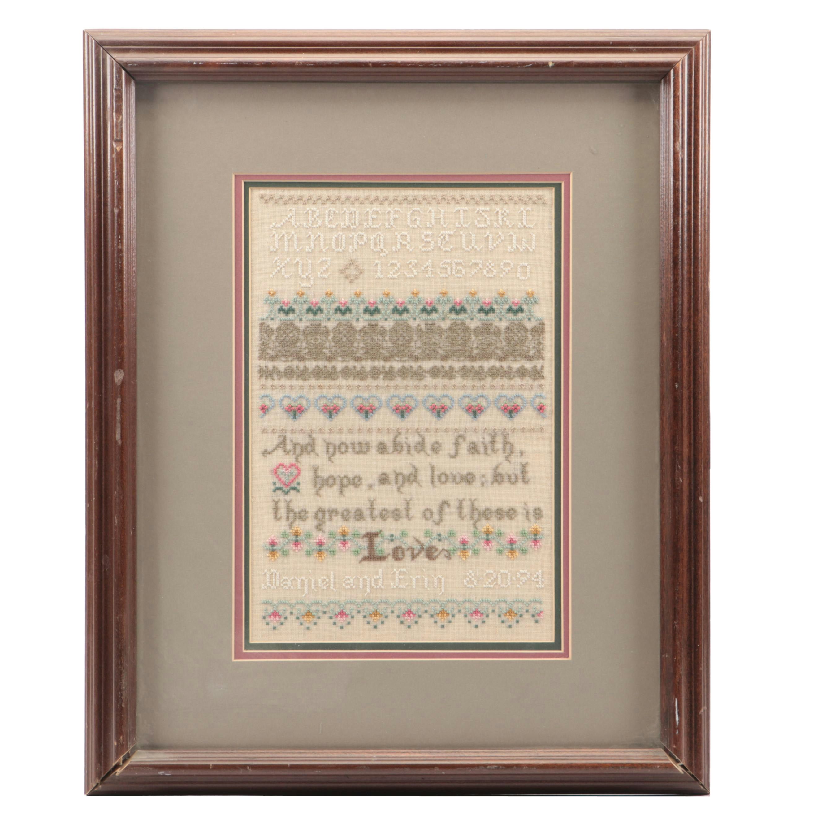 Handmade Cross-Stitch Sampler with Wall Clock