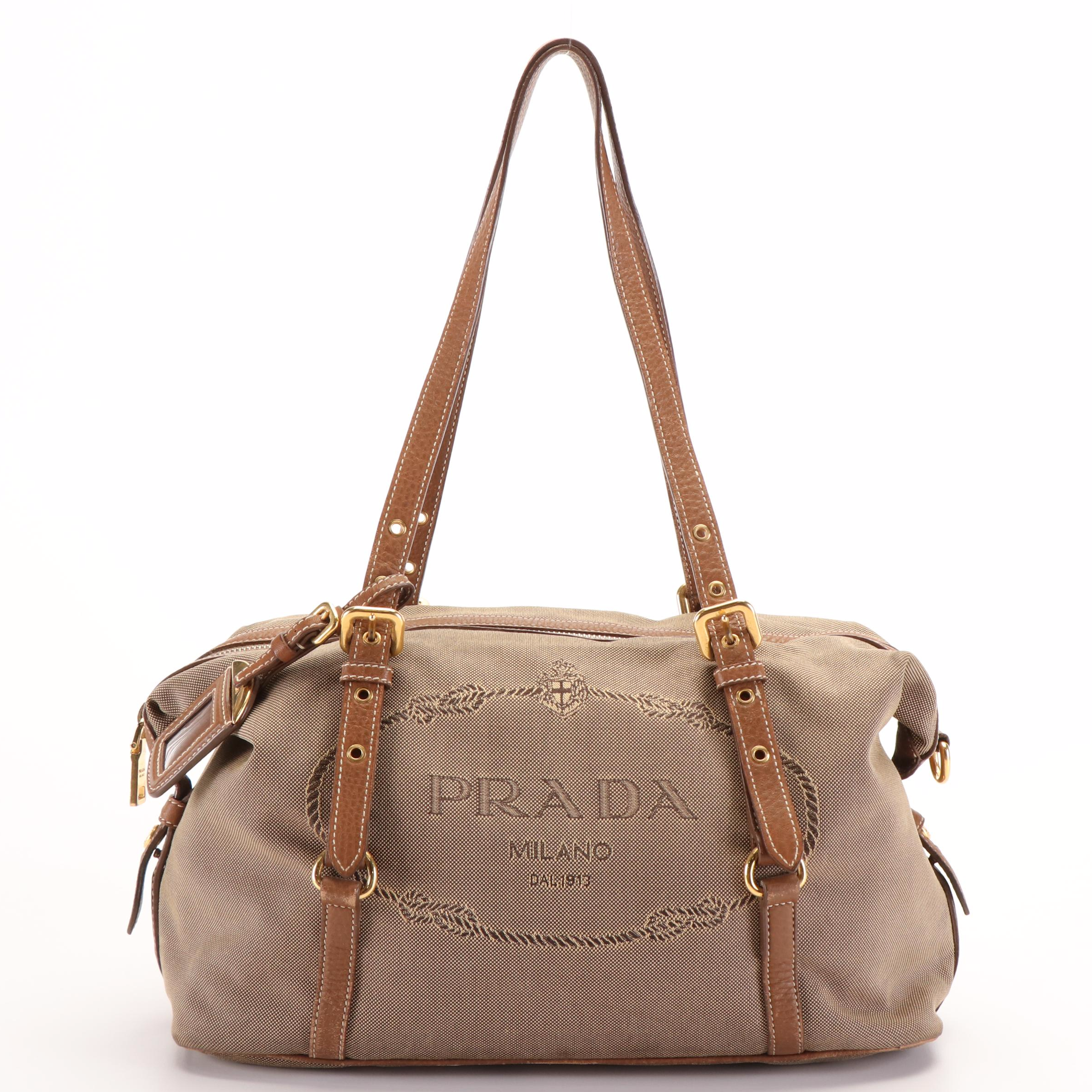 Prada Jacquard Logo Bauletto Canvas Shoulder Bag with Leather Trim
