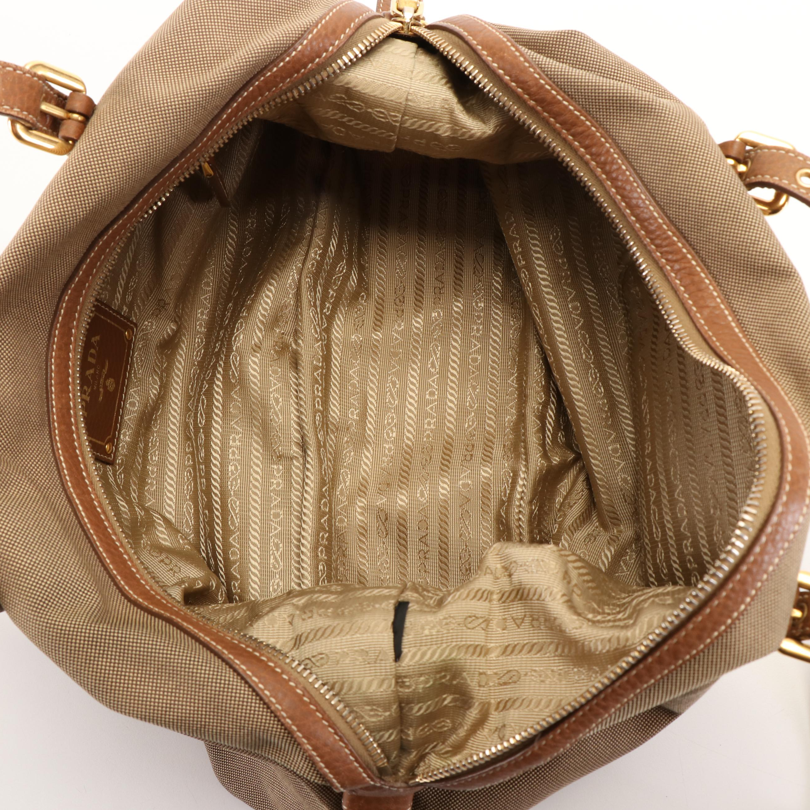 Prada Jacquard Logo Bauletto Canvas Shoulder Bag with Leather Trim