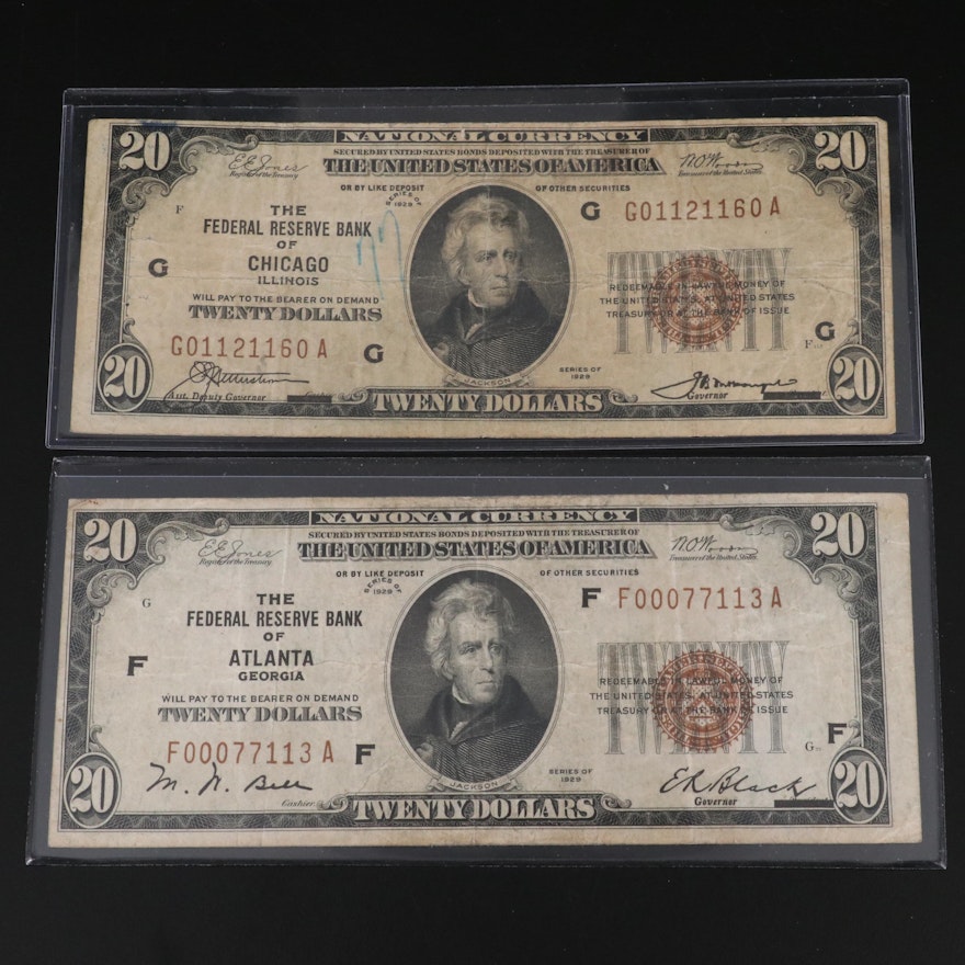 Two 1929 Twenty Dollar National Bank Notes