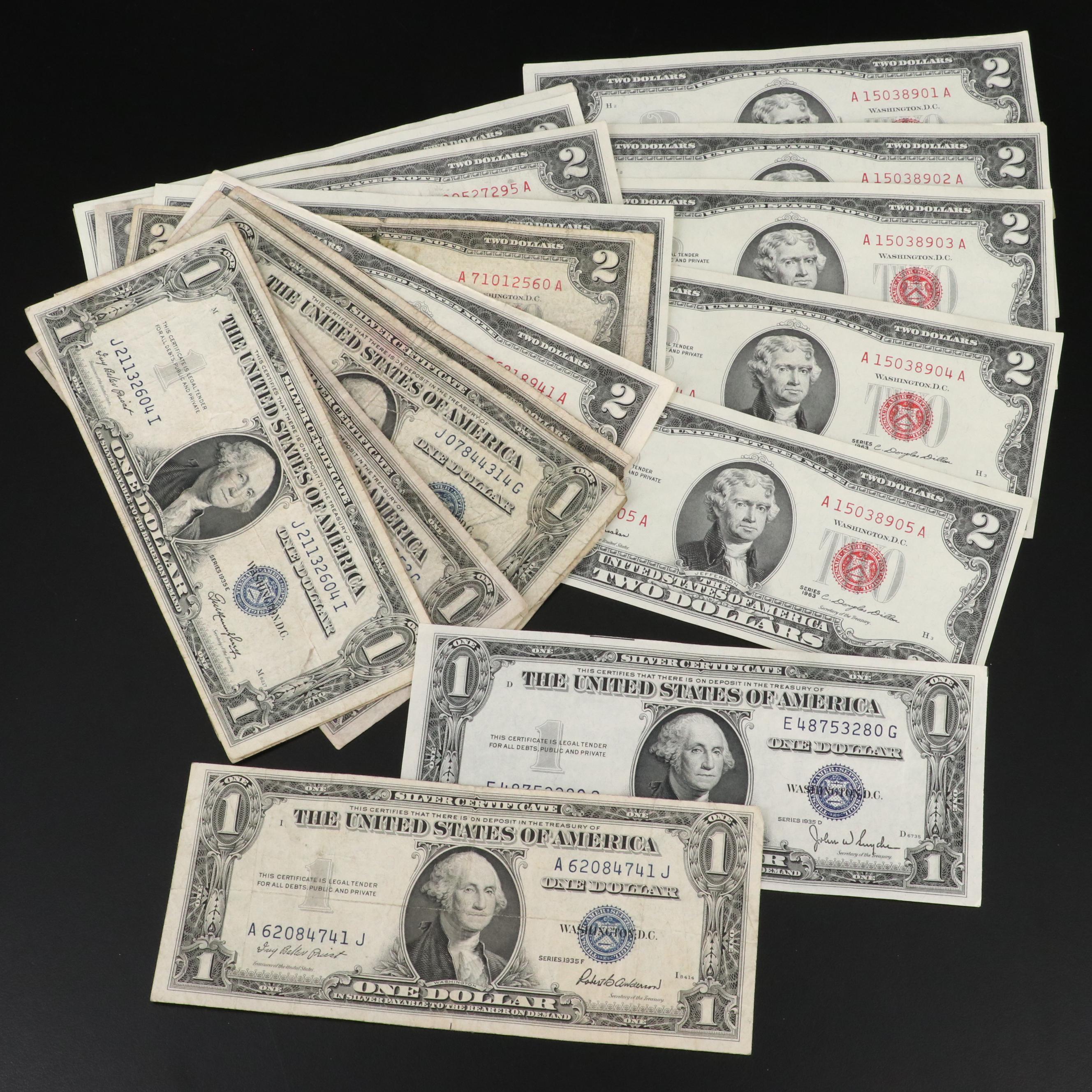 Collection of Twenty-three U.S. Silver Certificates and Two Dollar Notes