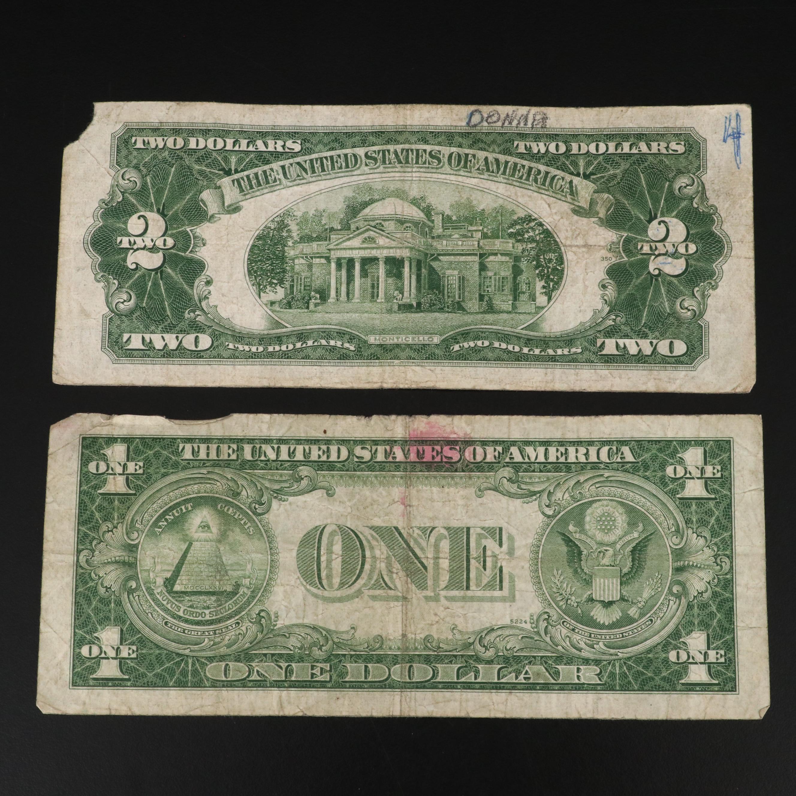Collection of Twenty-three U.S. Silver Certificates and Two Dollar Notes