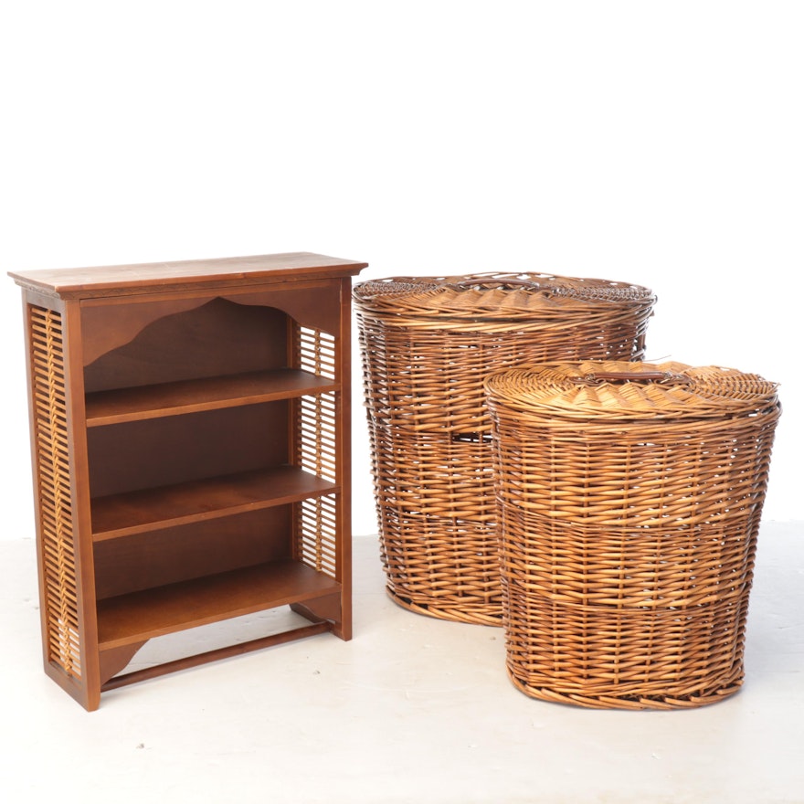 Lidded Wicker Baskets with Wall Hanging Wooden Display Shelf, Vintage