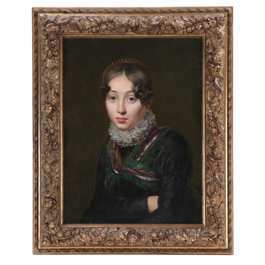 Oil Painting Portrait of Young Girl with Scarf, 19th Century
