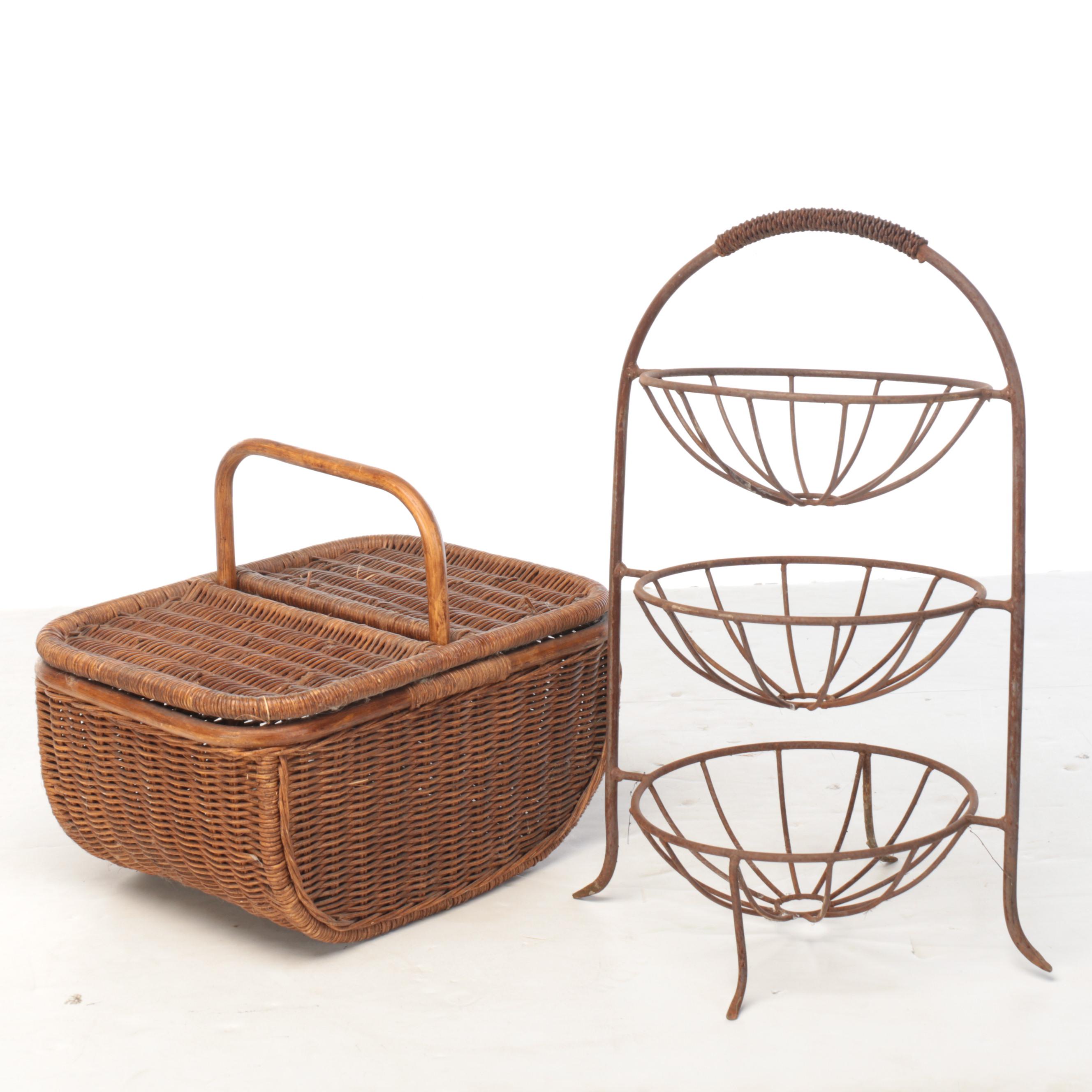 Wicker and Bentwood Picnic Basket with Tiered Wire Fruit Stand, Late 20th C.