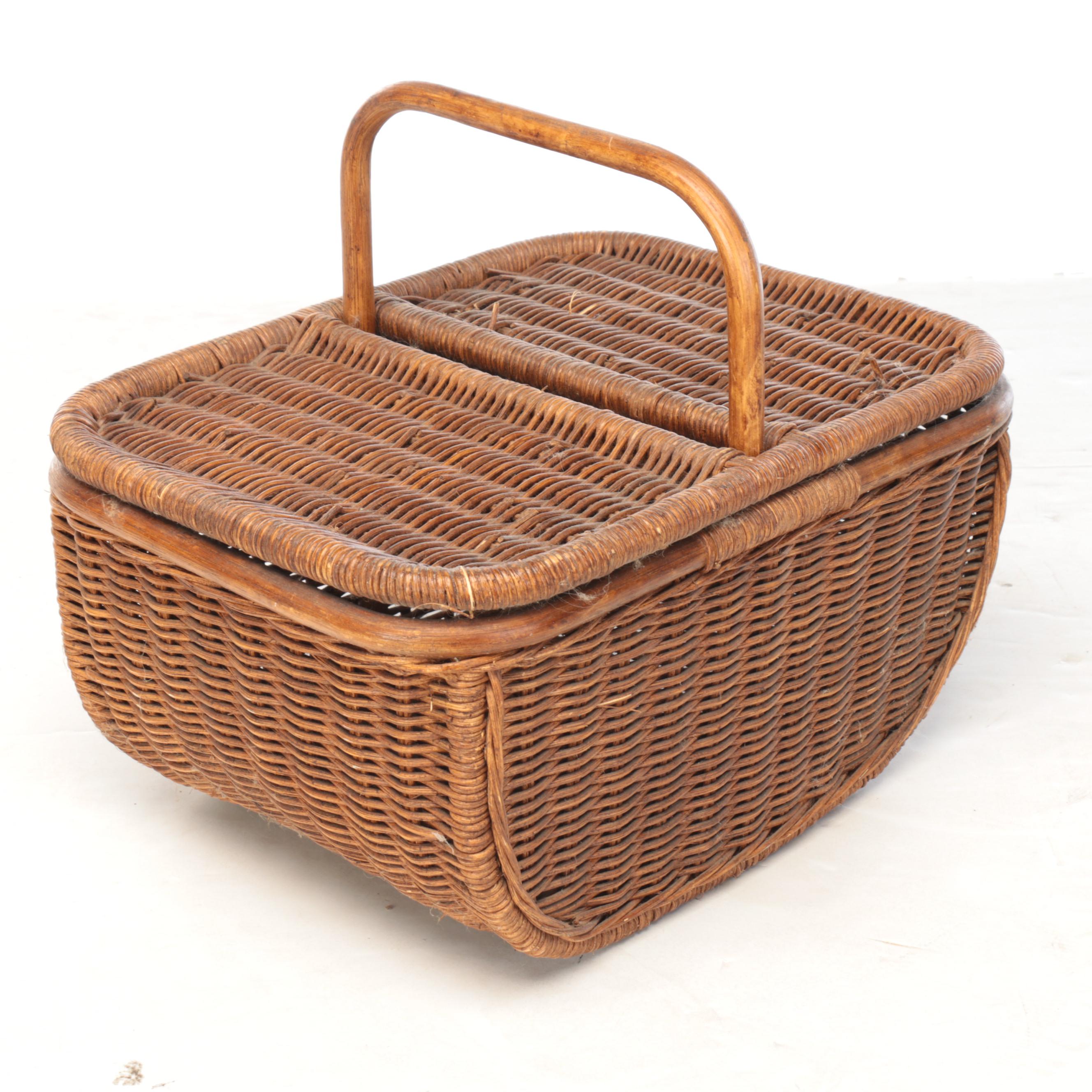 Wicker and Bentwood Picnic Basket with Tiered Wire Fruit Stand, Late 20th C.