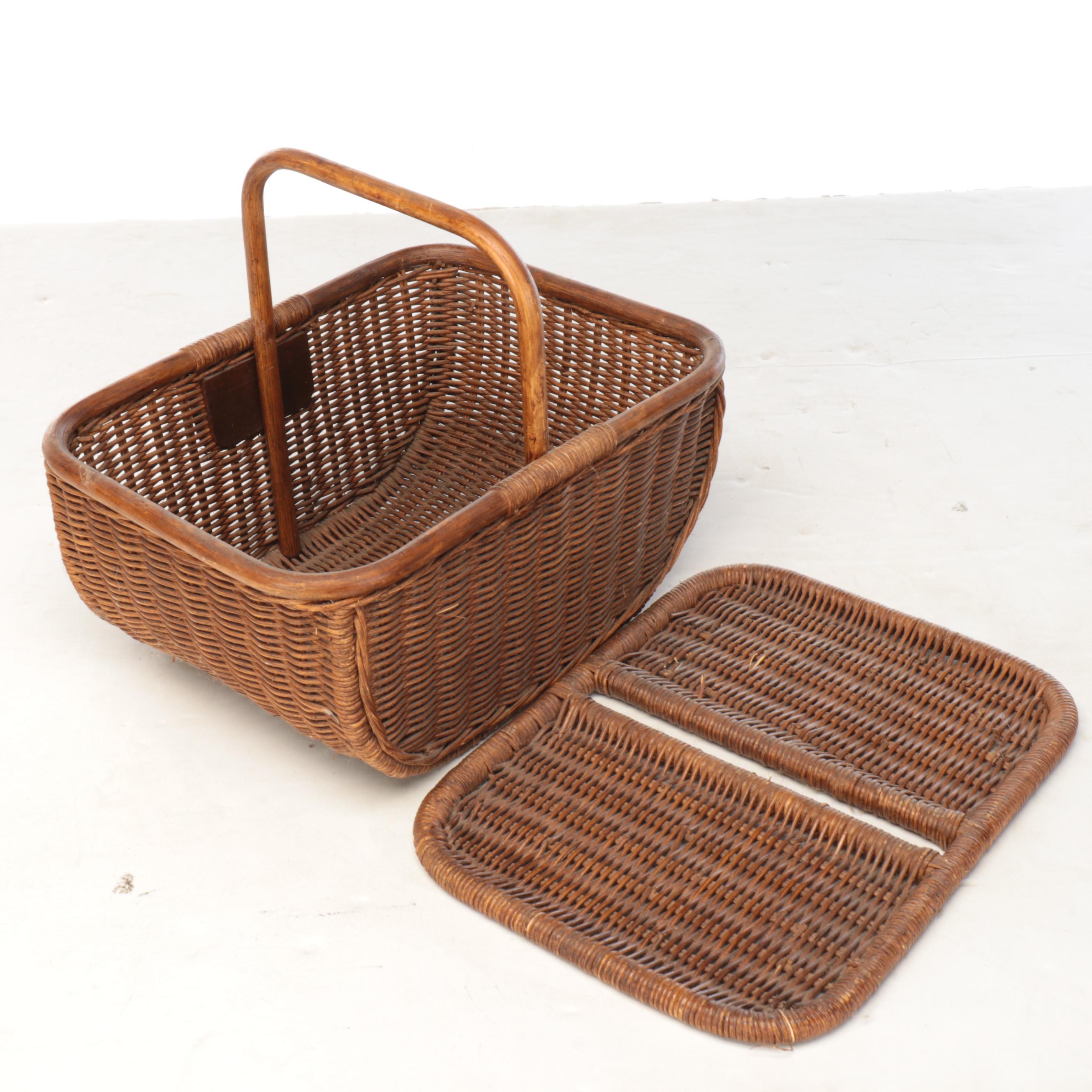 Wicker and Bentwood Picnic Basket with Tiered Wire Fruit Stand, Late 20th C.