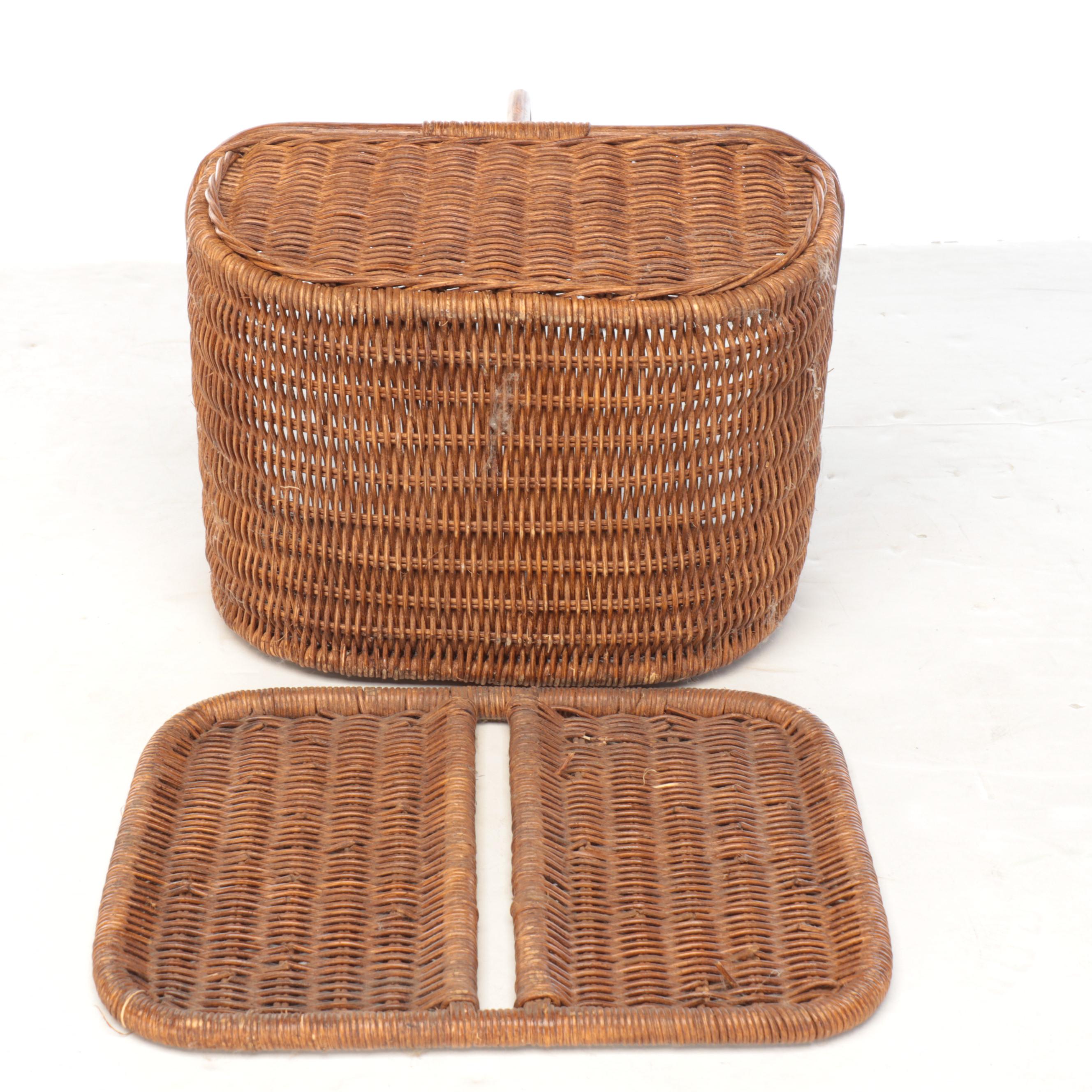 Wicker and Bentwood Picnic Basket with Tiered Wire Fruit Stand, Late 20th C.