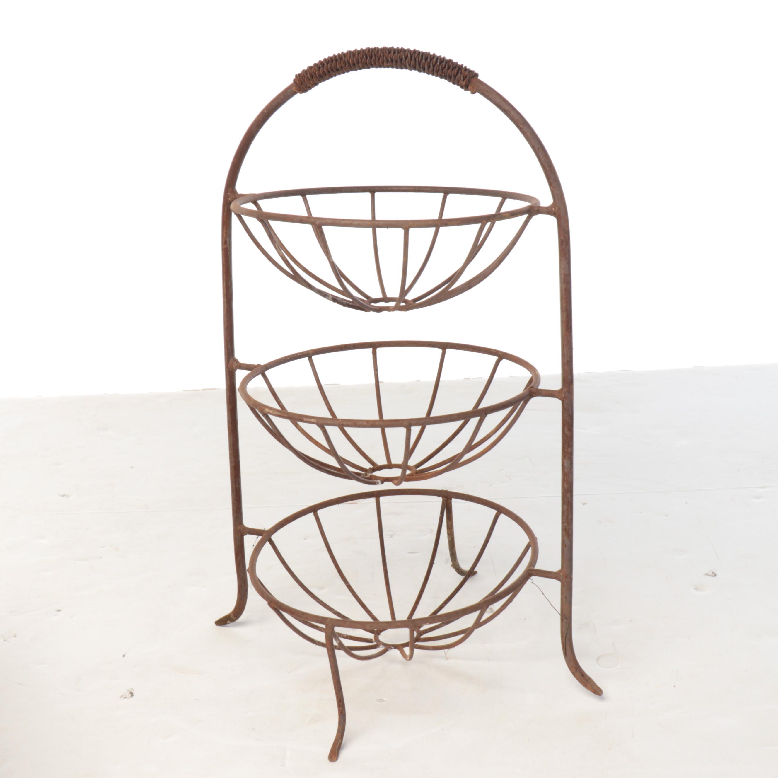 Wicker and Bentwood Picnic Basket with Tiered Wire Fruit Stand, Late 20th C.