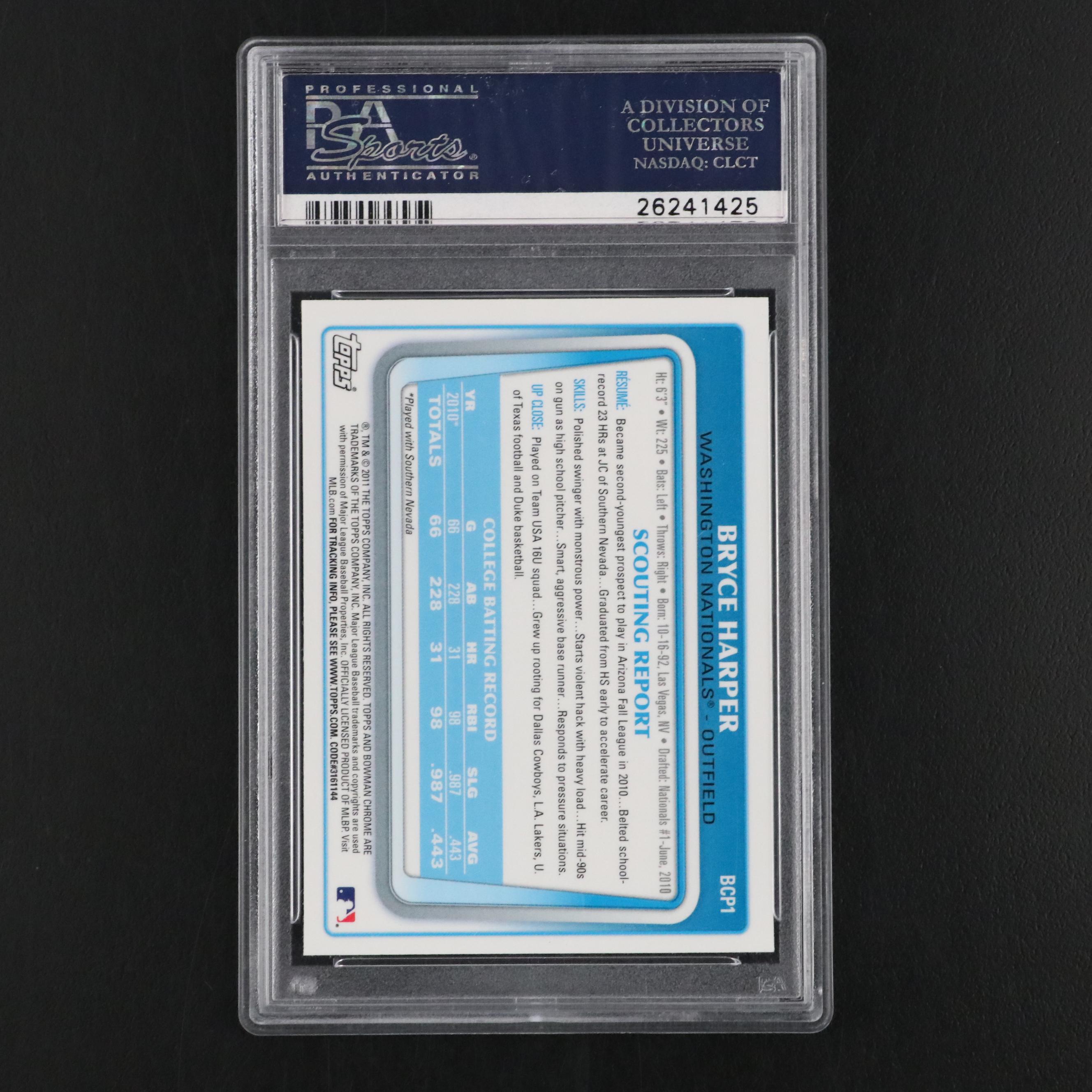 2011 Bowman Chrome Bryce Harper Prospects Baseball Card #BCP1 Graded PSA 10