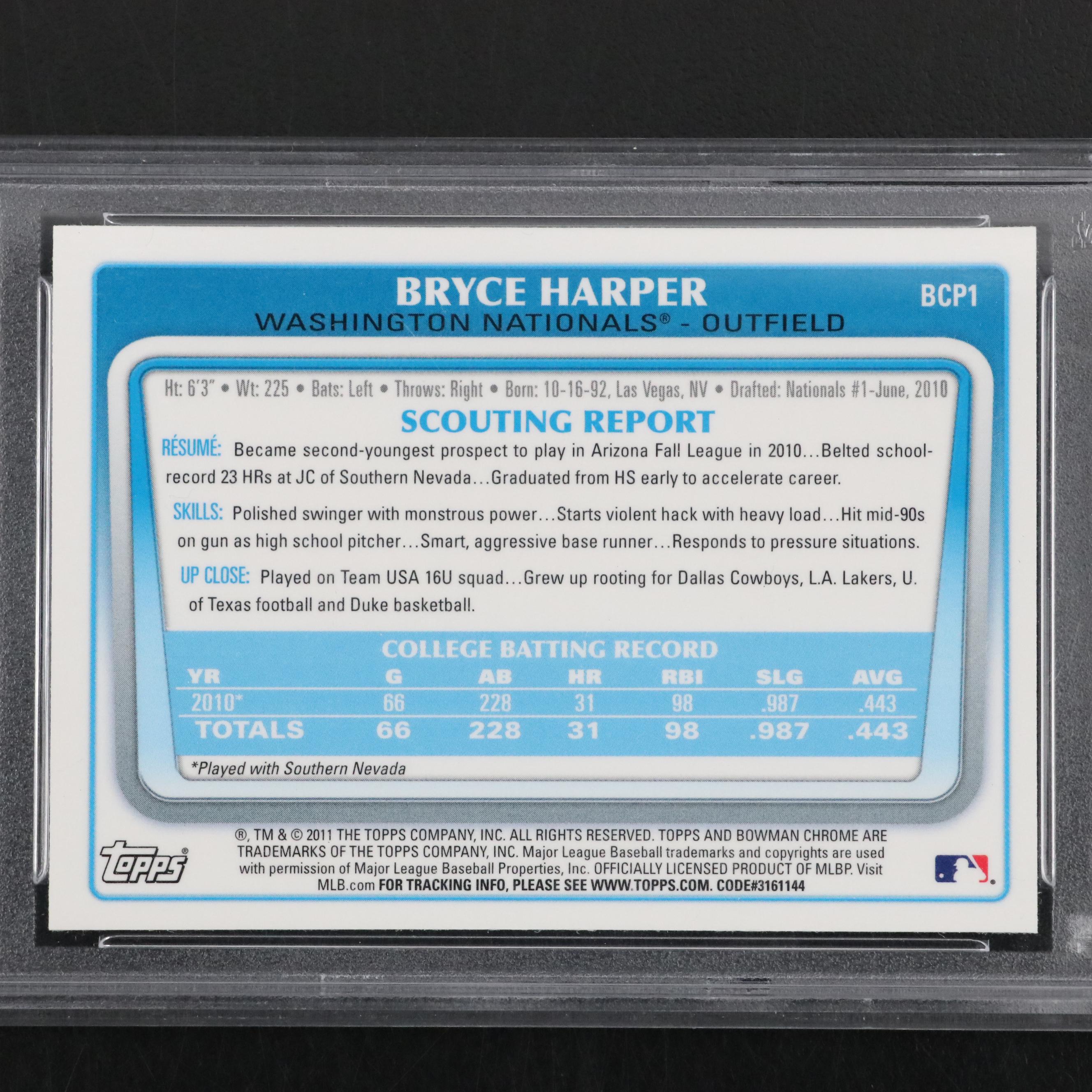 2011 Bowman Chrome Bryce Harper Prospects Baseball Card #BCP1 Graded PSA 10
