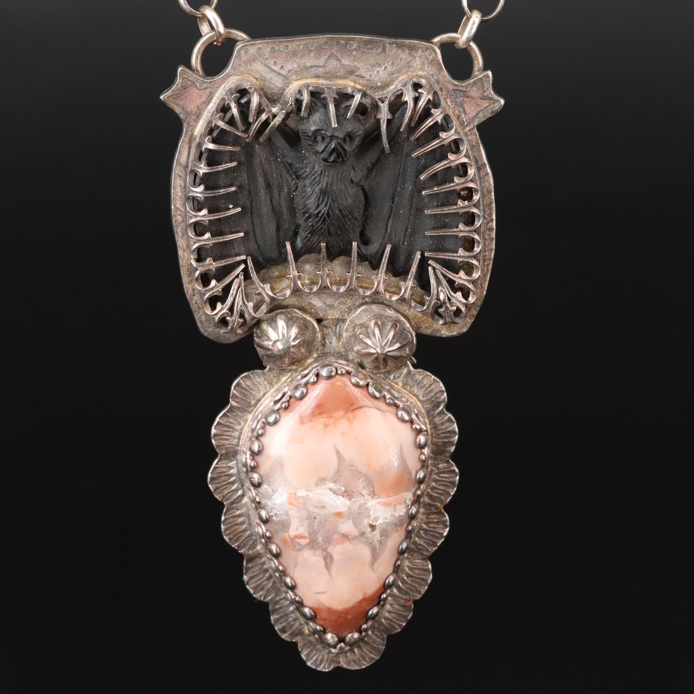 Jane Winningham Sterling Agate and Carved Horn Bat Necklace with Fine Silver