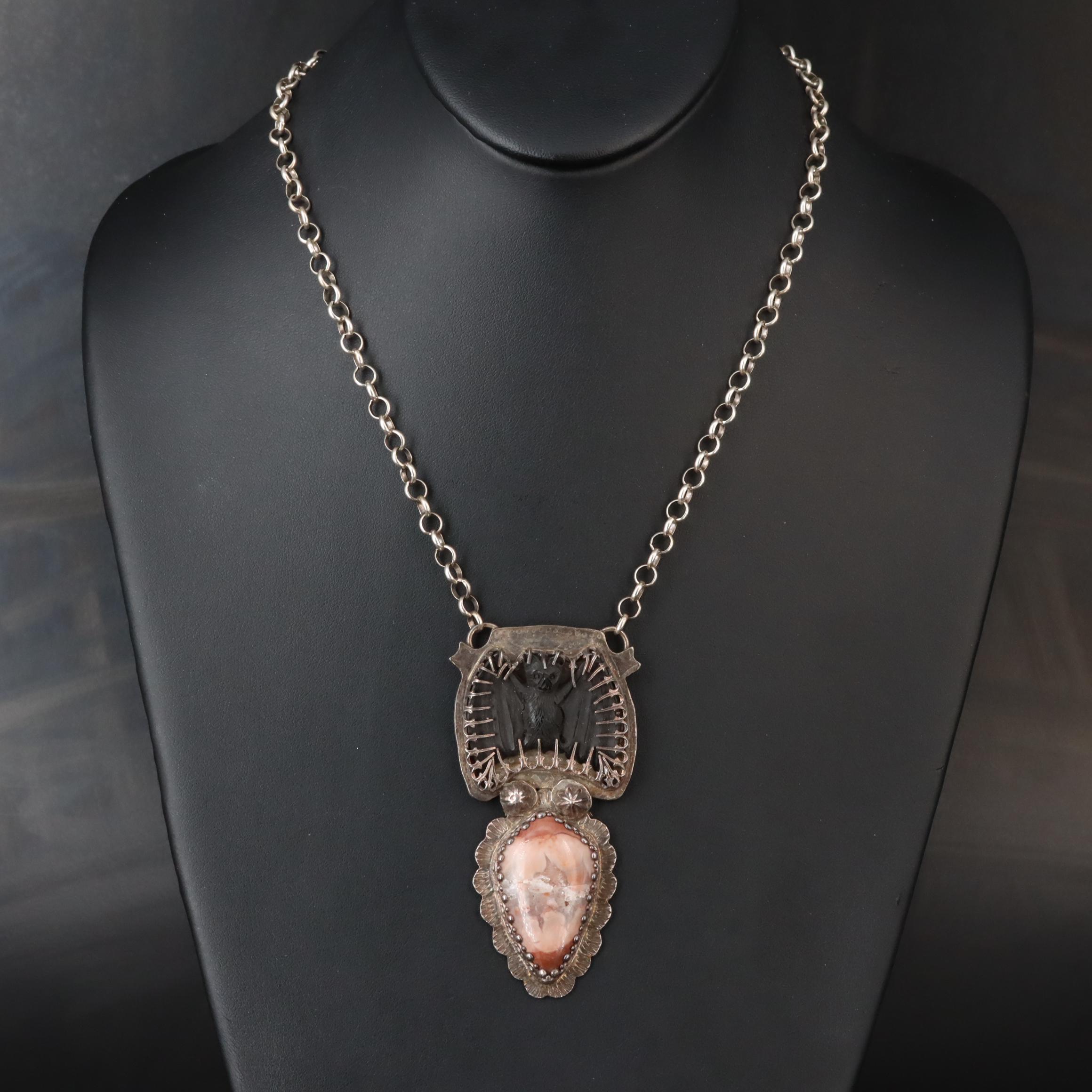 Jane Winningham Sterling Agate and Carved Horn Bat Necklace with Fine Silver
