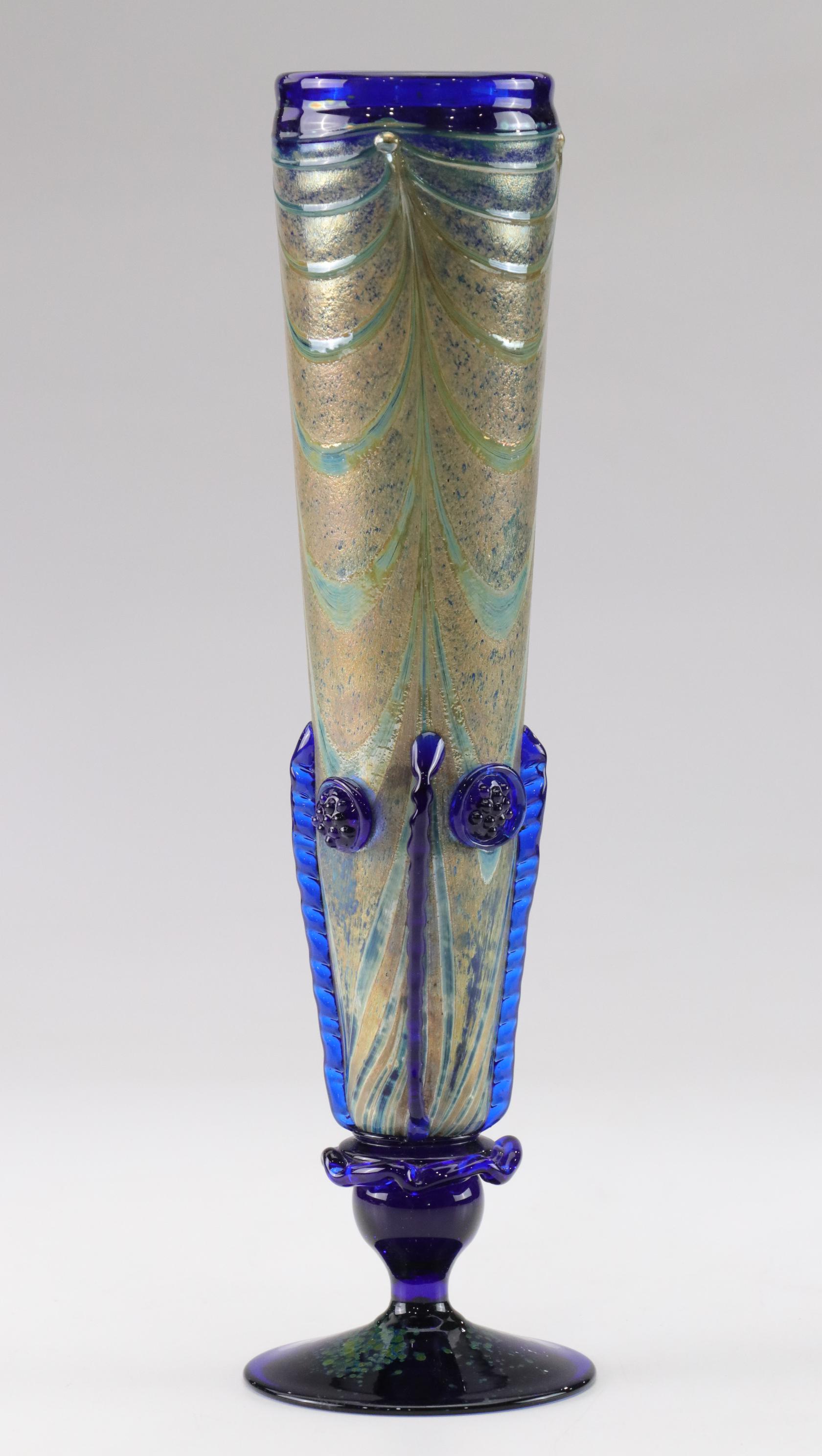 Venetian Art Glass Vase Featuring Gold Drape Design, Rippled Wings and Rosettes