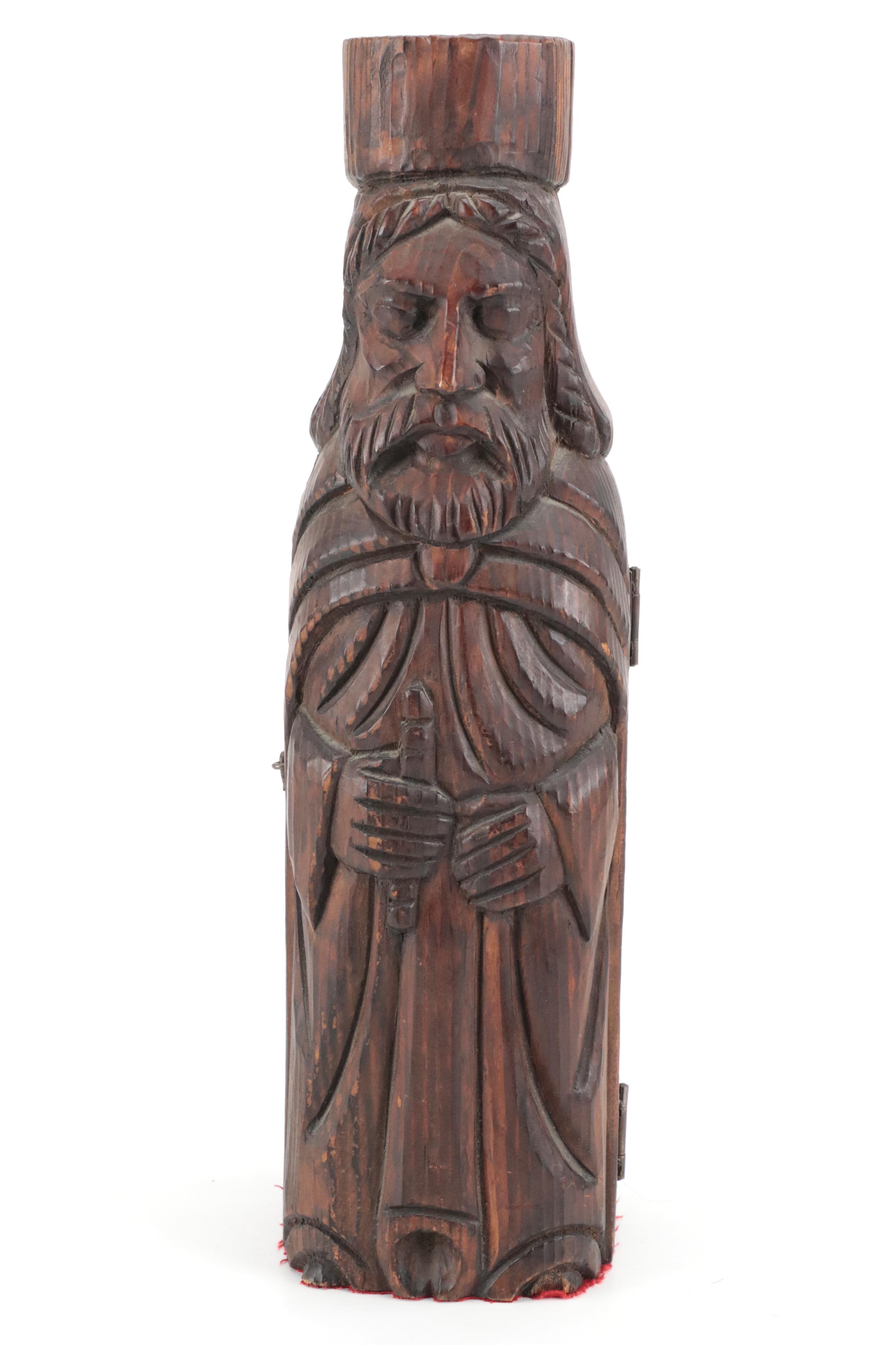 Hand-Carved Medieval Style Wooden Wine Bottle Casket