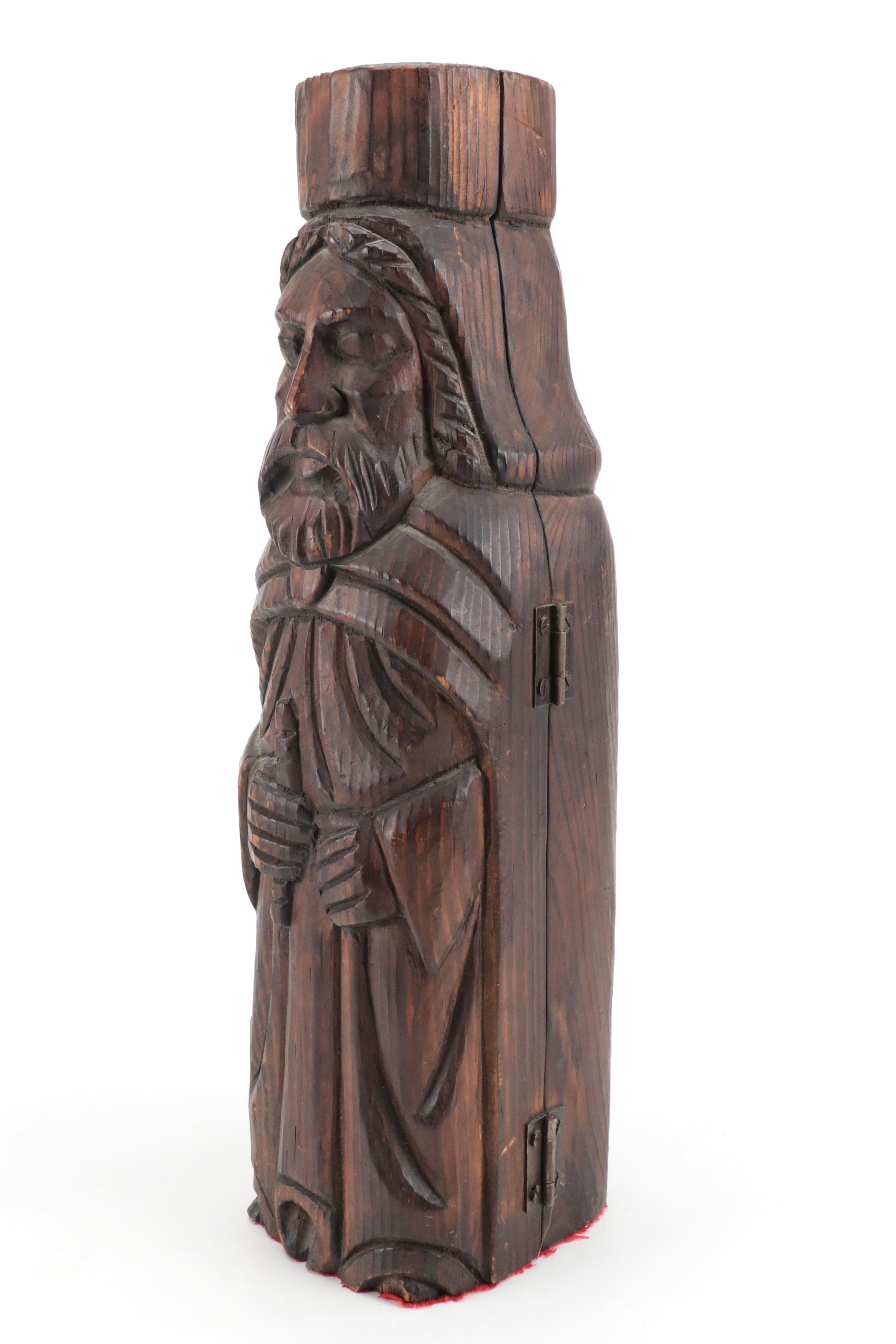 Hand-Carved Medieval Style Wooden Wine Bottle Casket